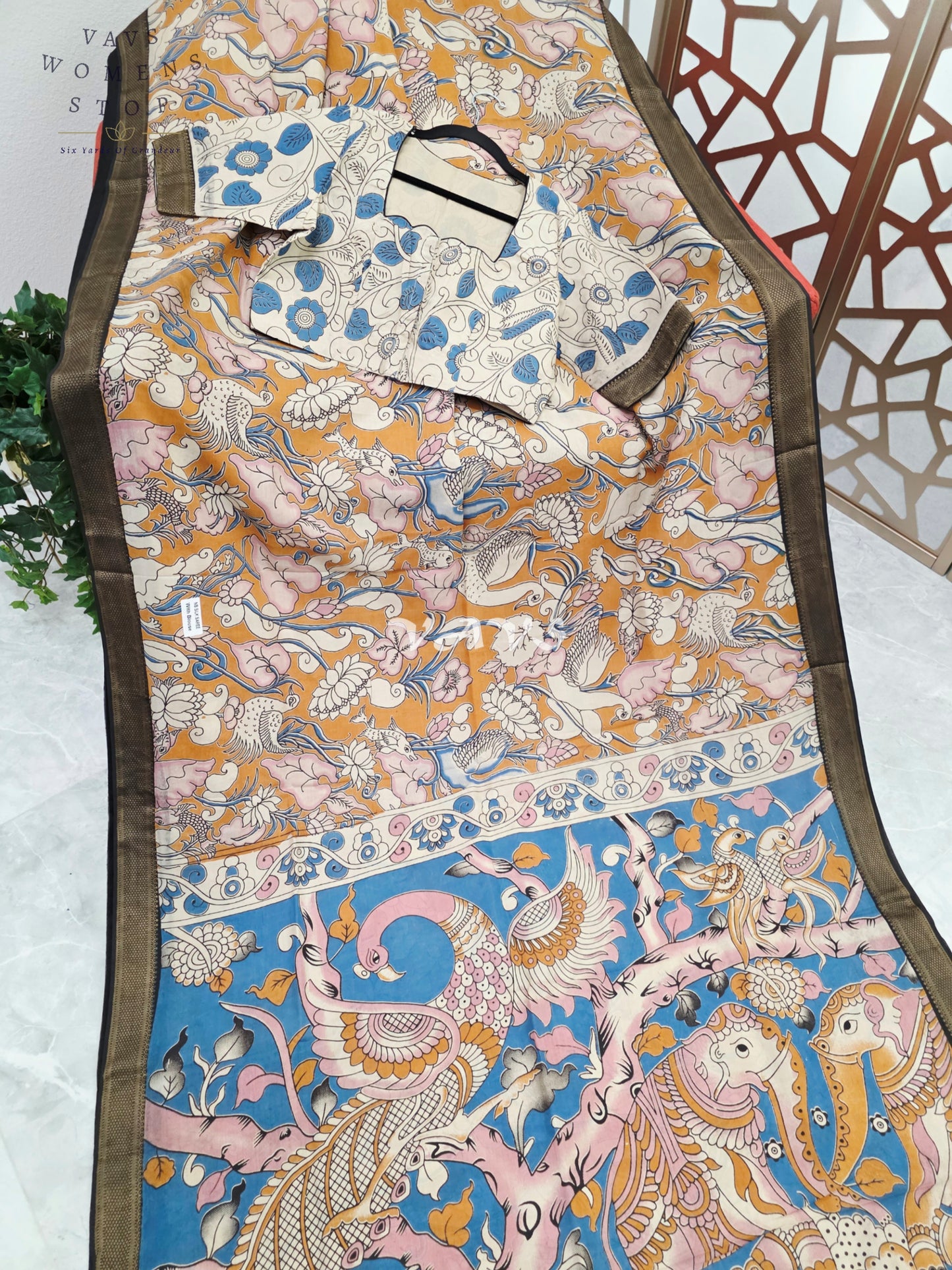 Mustard Gold & Azure Blue Kalamkari Saree with Antique Gold Nizam Border, Peacock Pallu & Stitched Blouse Size 40, Extendable to 46