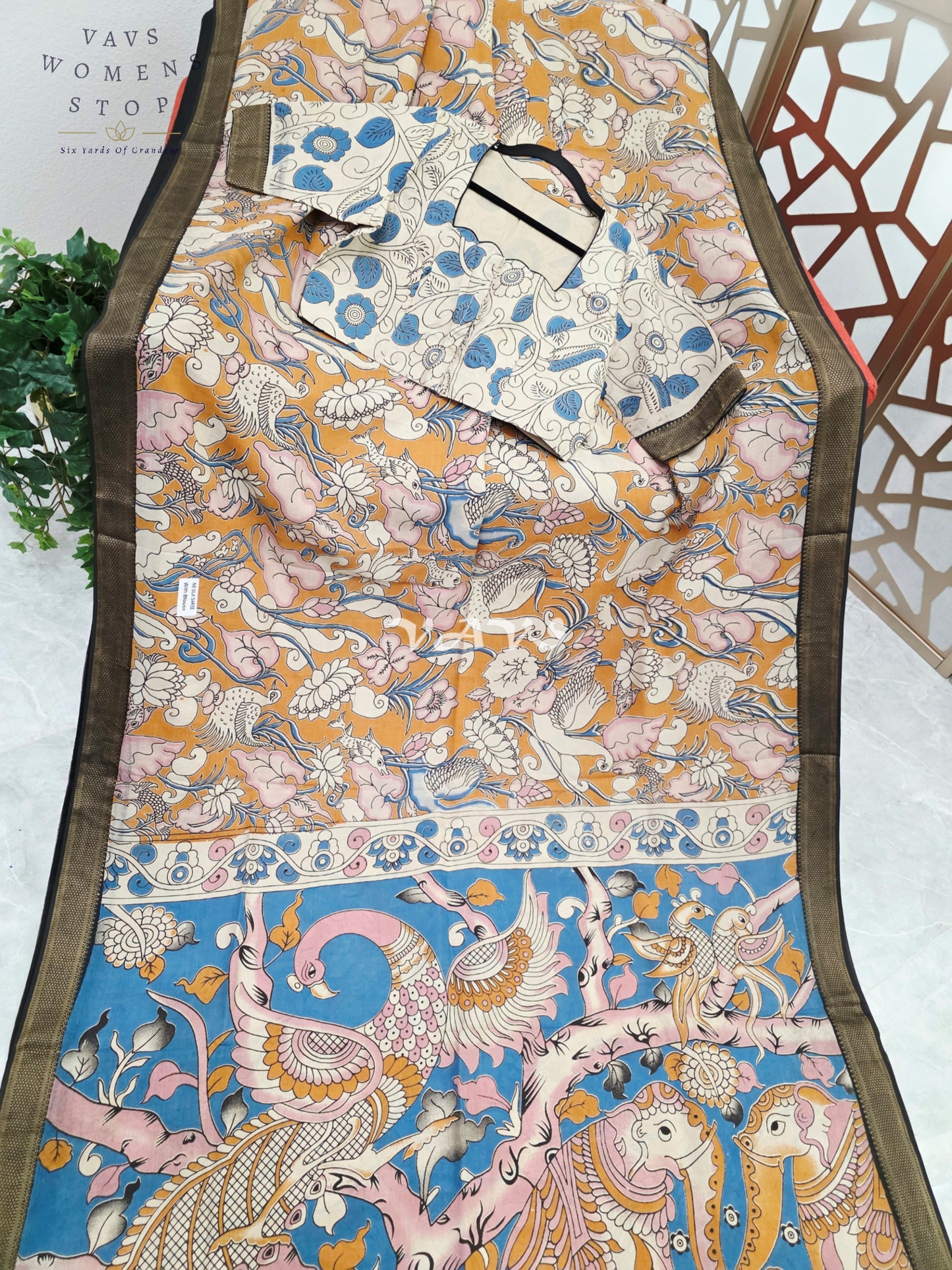 Mustard Gold & Azure Blue Kalamkari Saree with Antique Gold Nizam Border, Peacock Pallu & Stitched Blouse Size 40, Extendable to 46