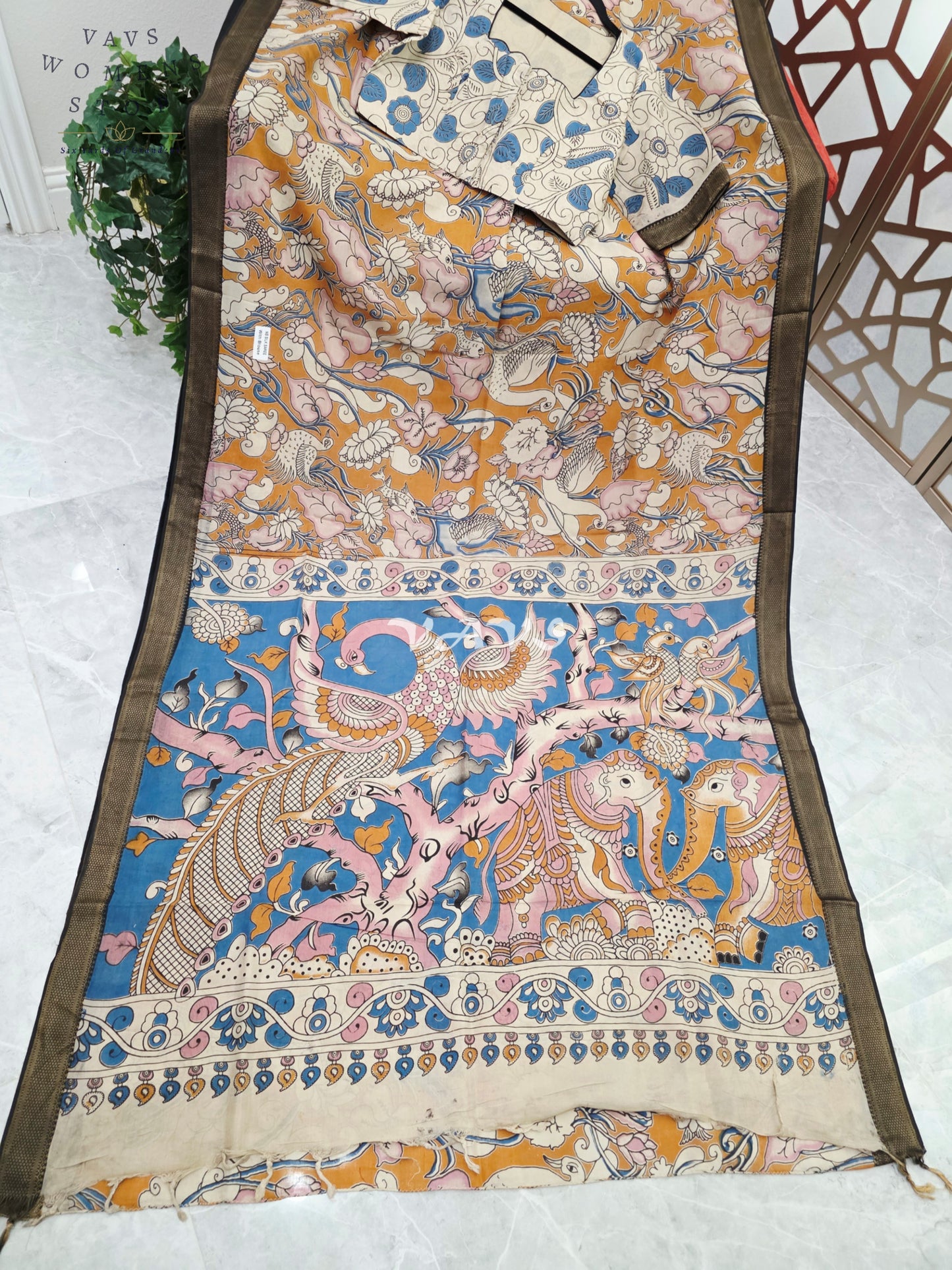 Mustard Gold & Azure Blue Kalamkari Saree with Antique Gold Nizam Border, Peacock Pallu & Stitched Blouse Size 40, Extendable to 46