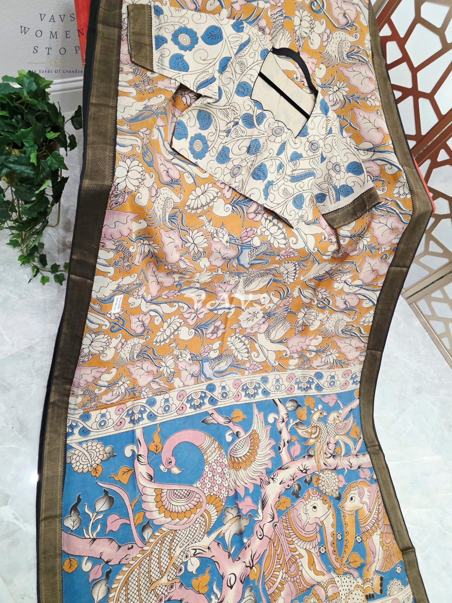 Mustard Gold & Azure Blue Kalamkari Saree with Antique Gold Nizam Border, Peacock Pallu & Stitched Blouse Size 40, Extendable to 46