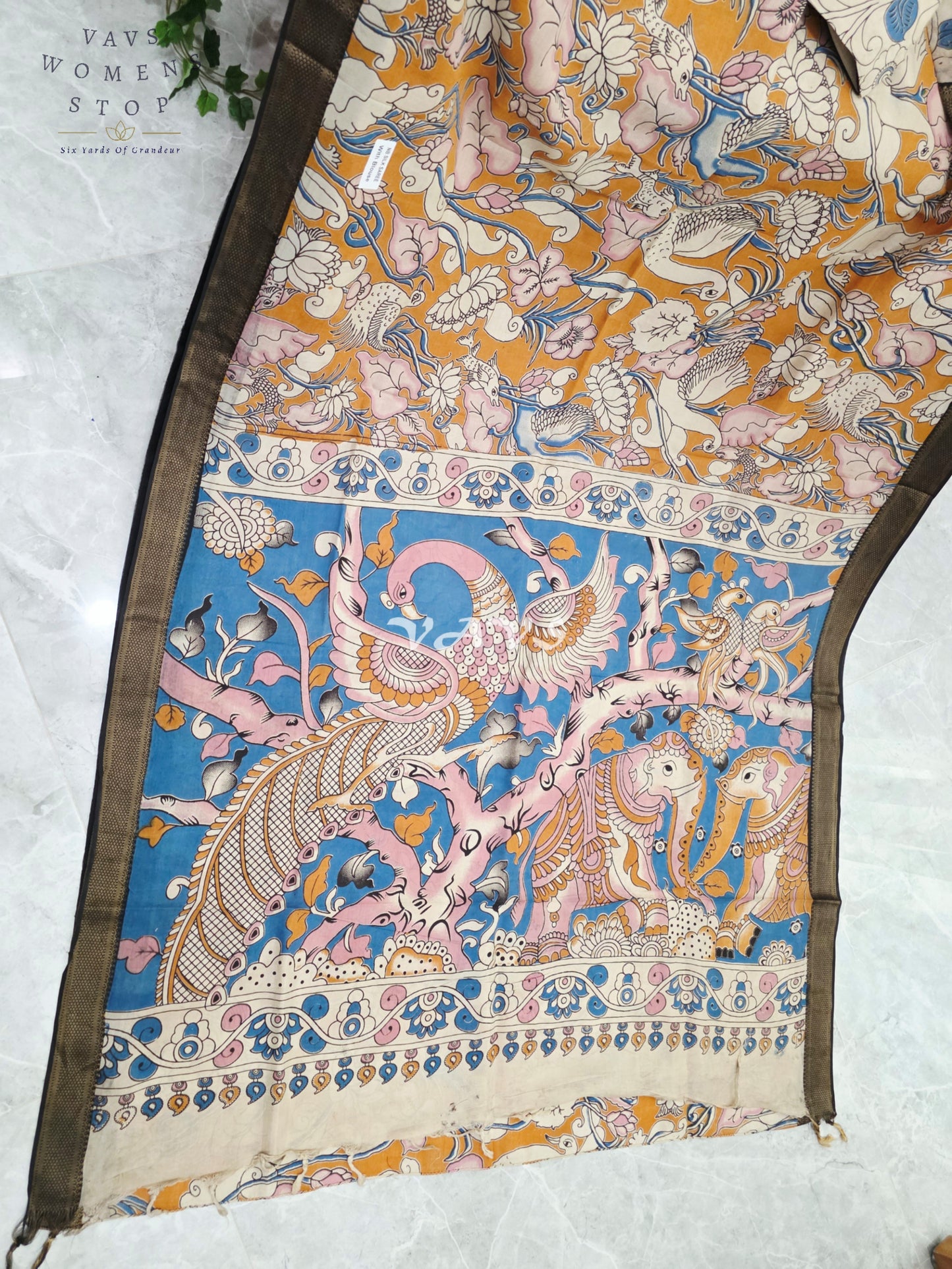 Mustard Gold & Azure Blue Kalamkari Saree with Antique Gold Nizam Border, Peacock Pallu & Stitched Blouse Size 40, Extendable to 46