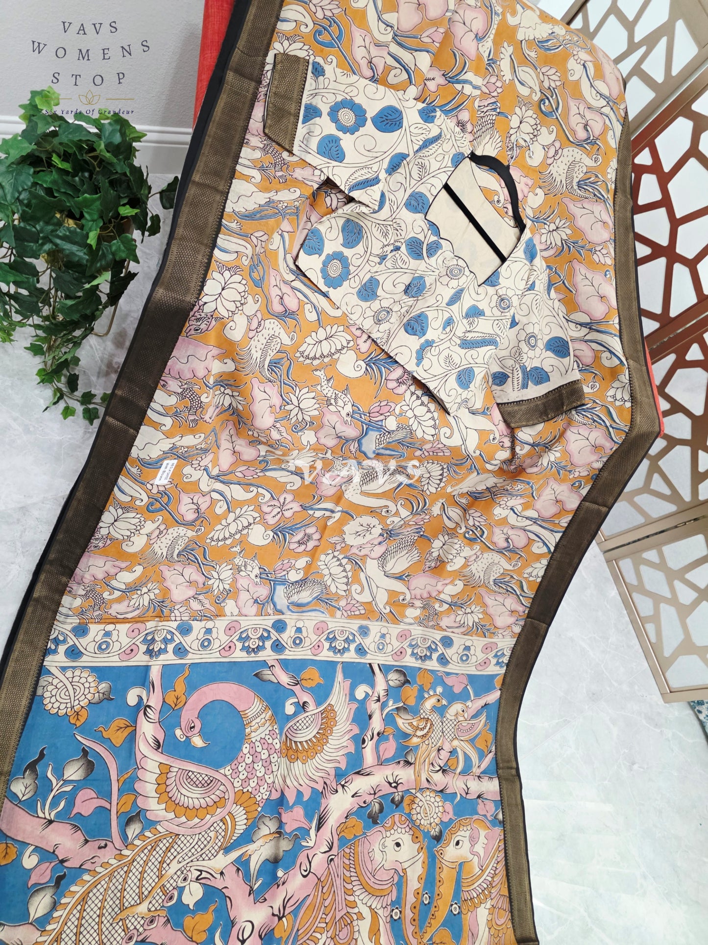 Mustard Gold & Azure Blue Kalamkari Saree with Antique Gold Nizam Border, Peacock Pallu & Stitched Blouse Size 40, Extendable to 46