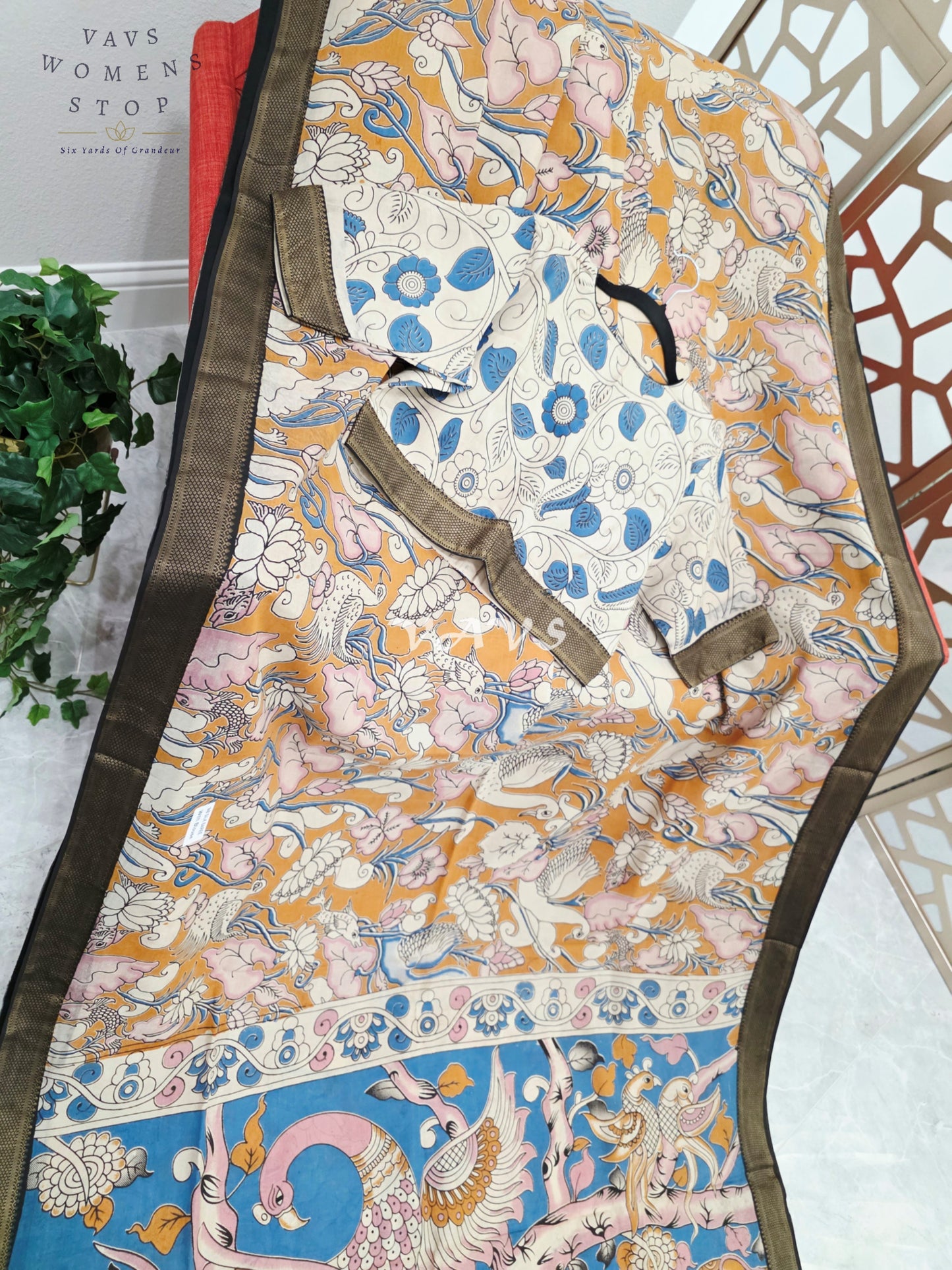 Mustard Gold & Azure Blue Kalamkari Saree with Antique Gold Nizam Border, Peacock Pallu & Stitched Blouse Size 40, Extendable to 46