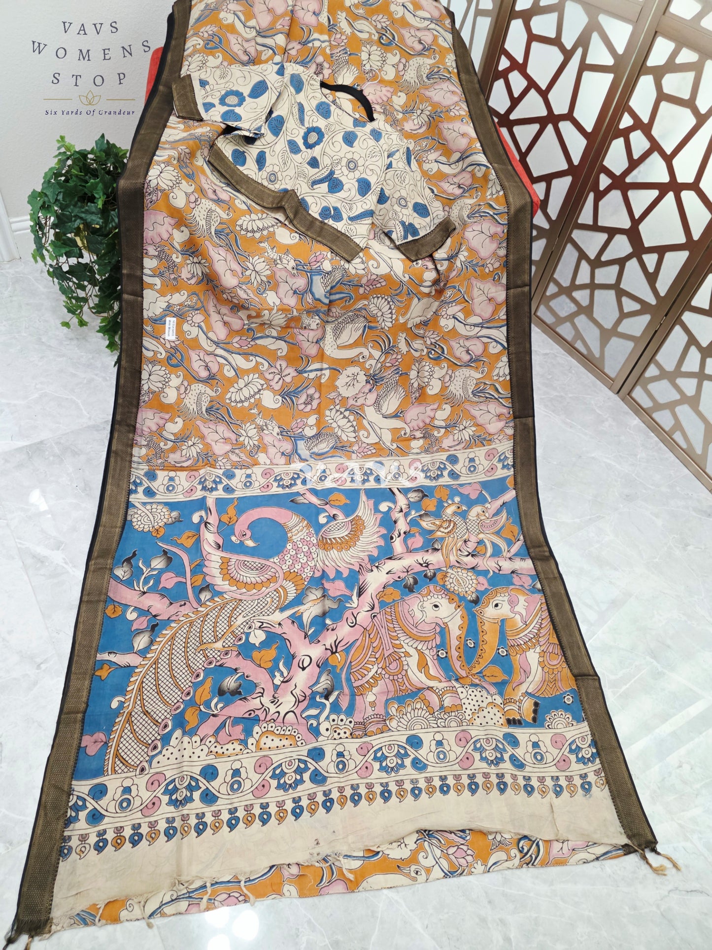 Mustard Gold & Azure Blue Kalamkari Saree with Antique Gold Nizam Border, Peacock Pallu & Stitched Blouse Size 40, Extendable to 46