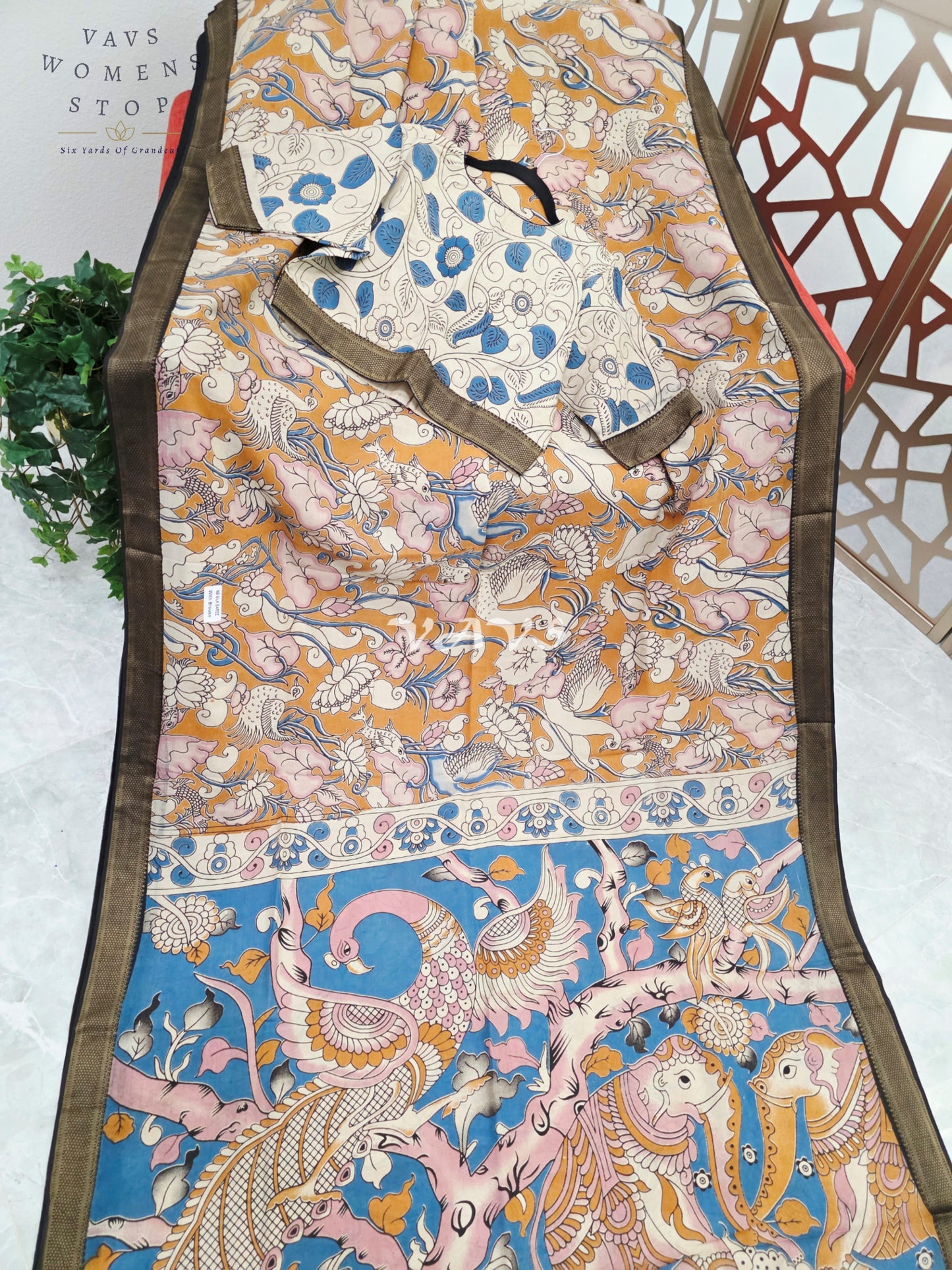 Mustard Gold & Azure Blue Kalamkari Saree with Antique Gold Nizam Border, Peacock Pallu & Stitched Blouse Size 40, Extendable to 46