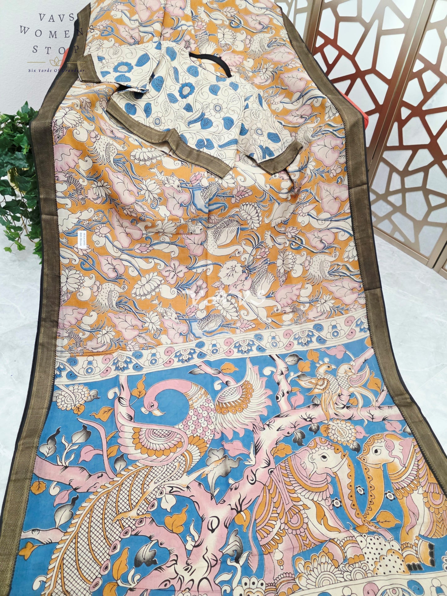 Mustard Gold & Azure Blue Kalamkari Saree with Antique Gold Nizam Border, Peacock Pallu & Stitched Blouse Size 40, Extendable to 46