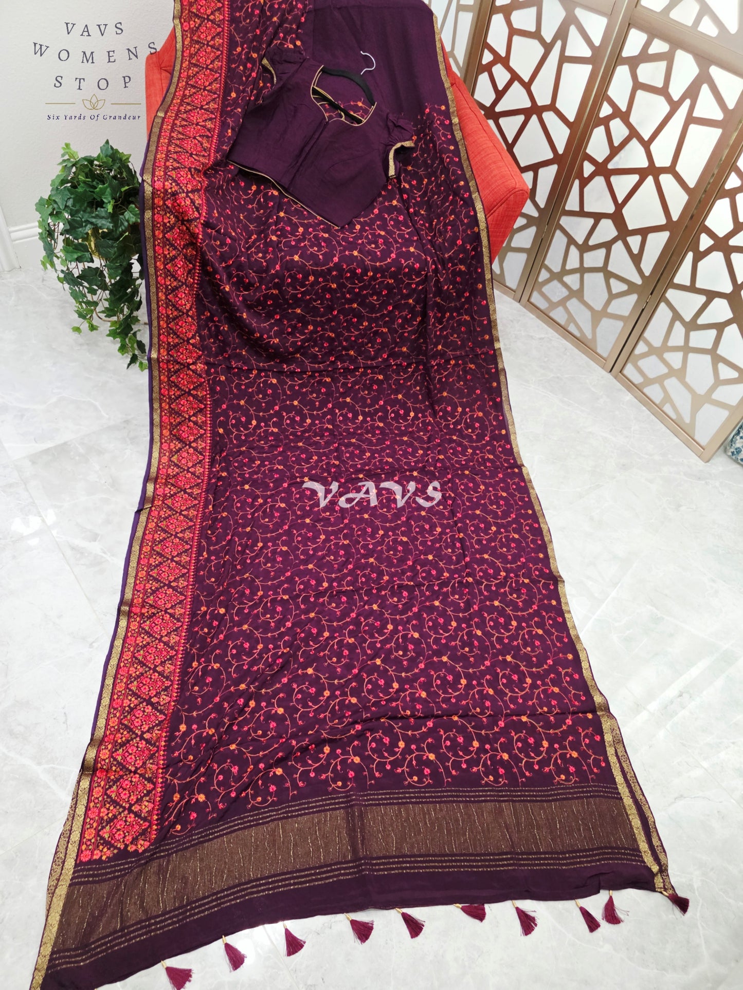 Royal Plum Chinon Crepe Embroidered Saree with Floral Vine Detailing & Mega Puff-Sleeve Stitched Blouse Size 34, Extendable to 40