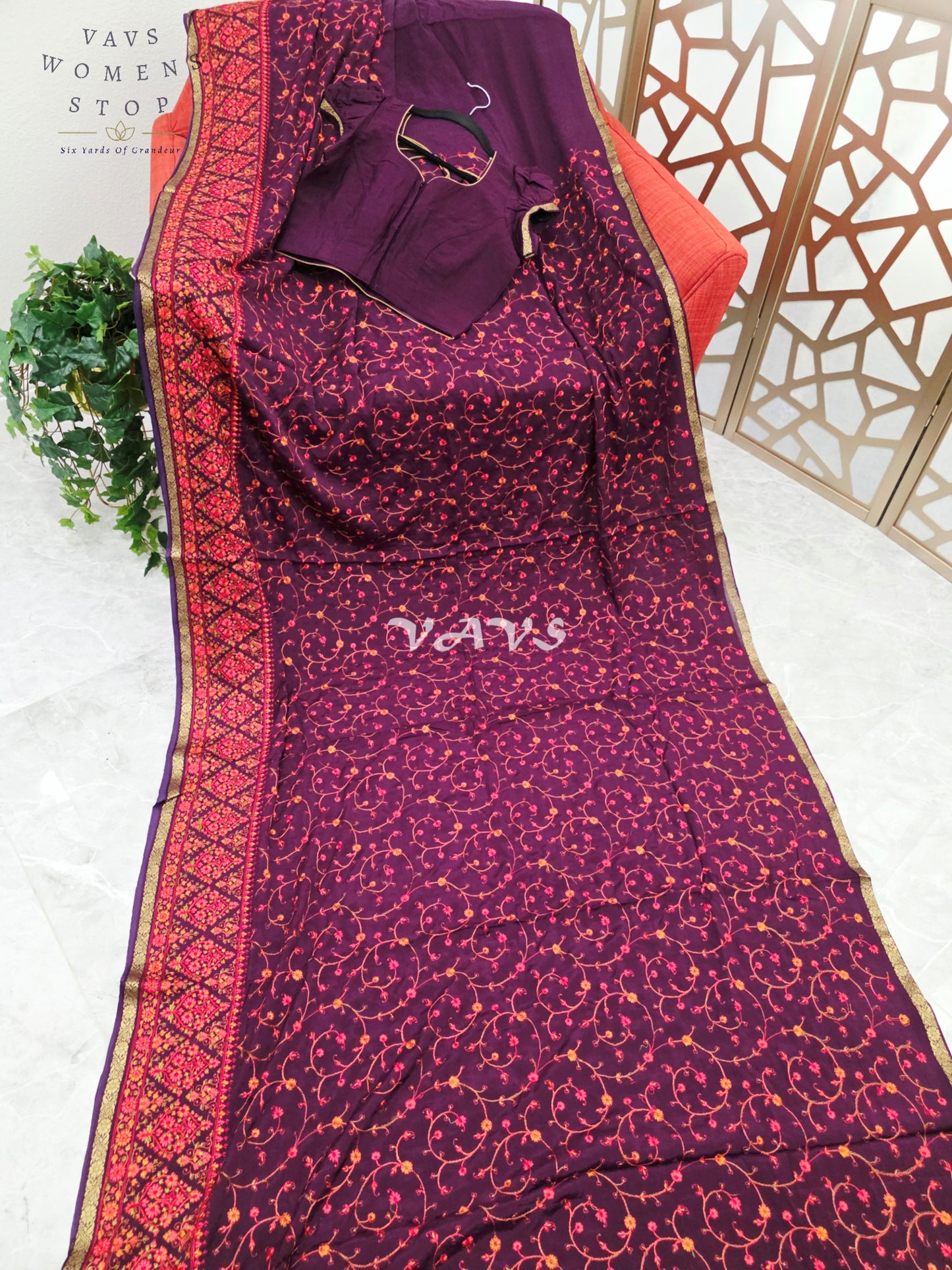 Royal Plum Chinon Crepe Embroidered Saree with Floral Vine Detailing & Mega Puff-Sleeve Stitched Blouse Size 34, Extendable to 40