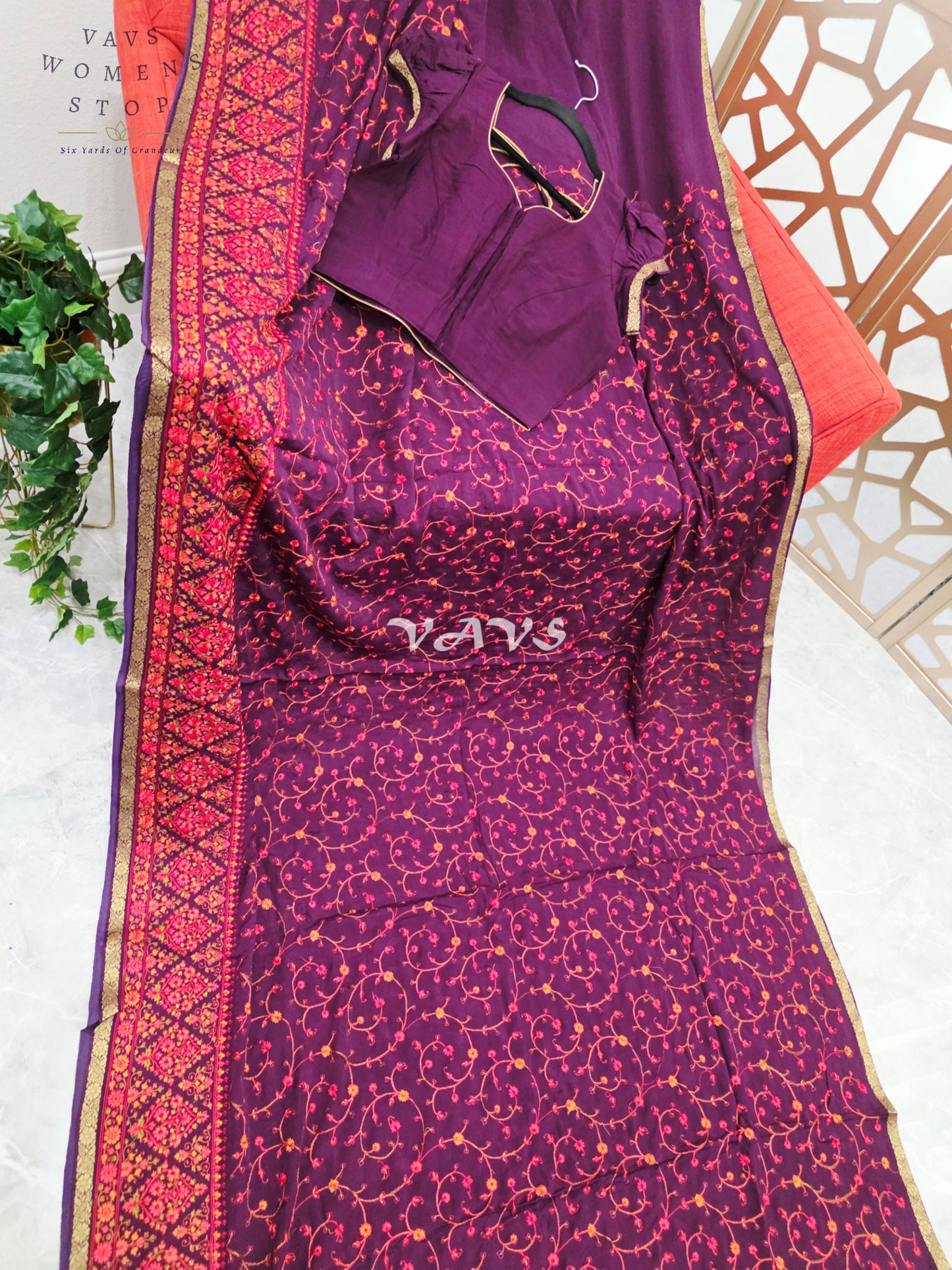 Royal Plum Chinon Crepe Embroidered Saree with Floral Vine Detailing & Mega Puff-Sleeve Stitched Blouse Size 34, Extendable to 40