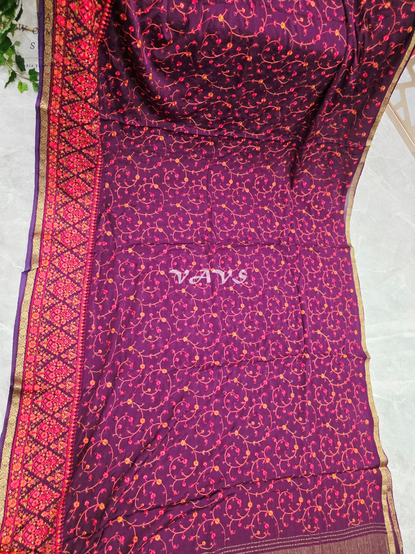 Royal Plum Chinon Crepe Embroidered Saree with Floral Vine Detailing & Mega Puff-Sleeve Stitched Blouse Size 34, Extendable to 40