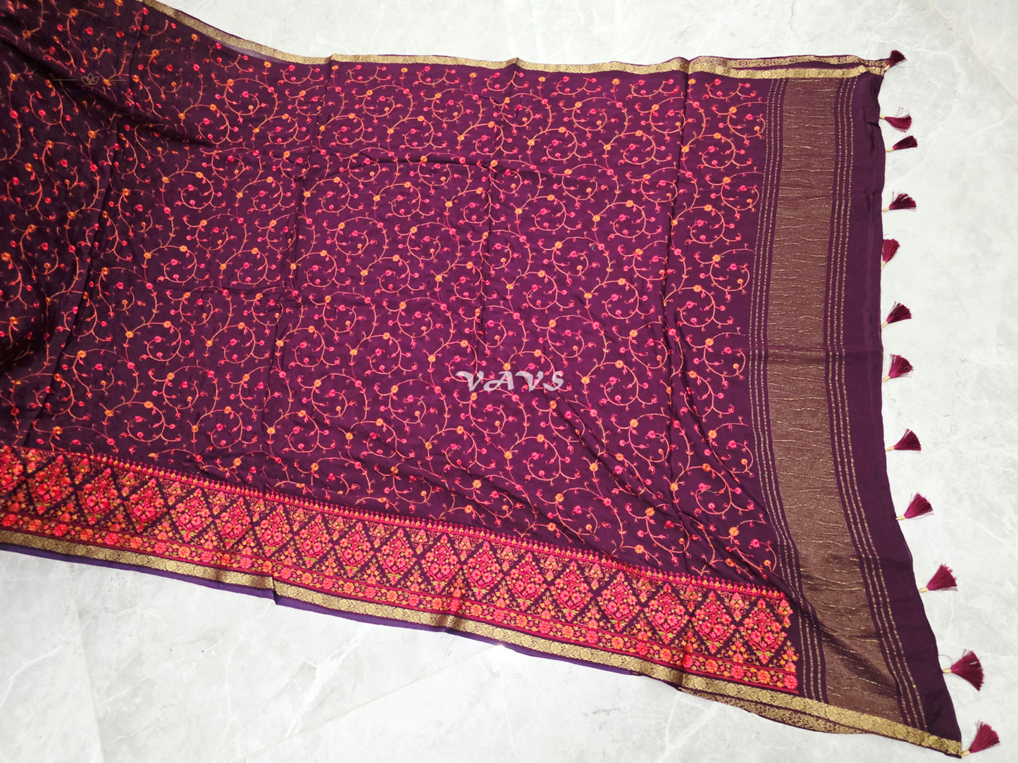 Royal Plum Chinon Crepe Embroidered Saree with Floral Vine Detailing & Mega Puff-Sleeve Stitched Blouse Size 34, Extendable to 40