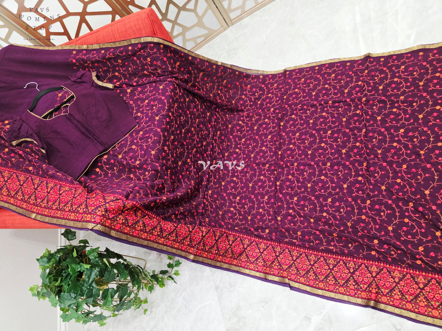 Royal Plum Chinon Crepe Embroidered Saree with Floral Vine Detailing & Mega Puff-Sleeve Stitched Blouse Size 34, Extendable to 40