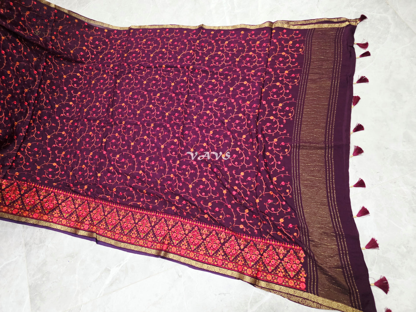Royal Plum Chinon Crepe Embroidered Saree with Floral Vine Detailing & Mega Puff-Sleeve Stitched Blouse Size 34, Extendable to 40