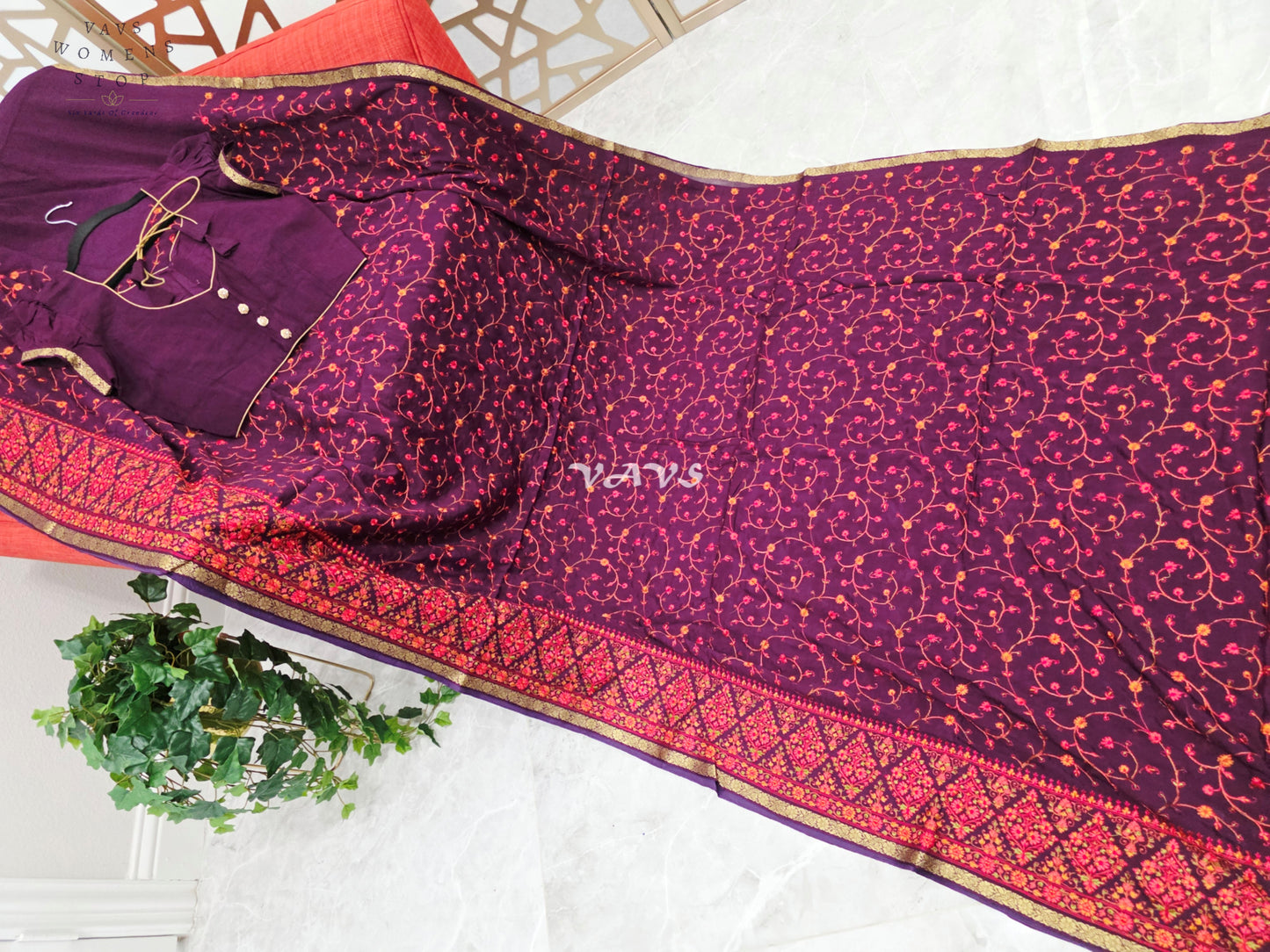 Royal Plum Chinon Crepe Embroidered Saree with Floral Vine Detailing & Mega Puff-Sleeve Stitched Blouse Size 34, Extendable to 40