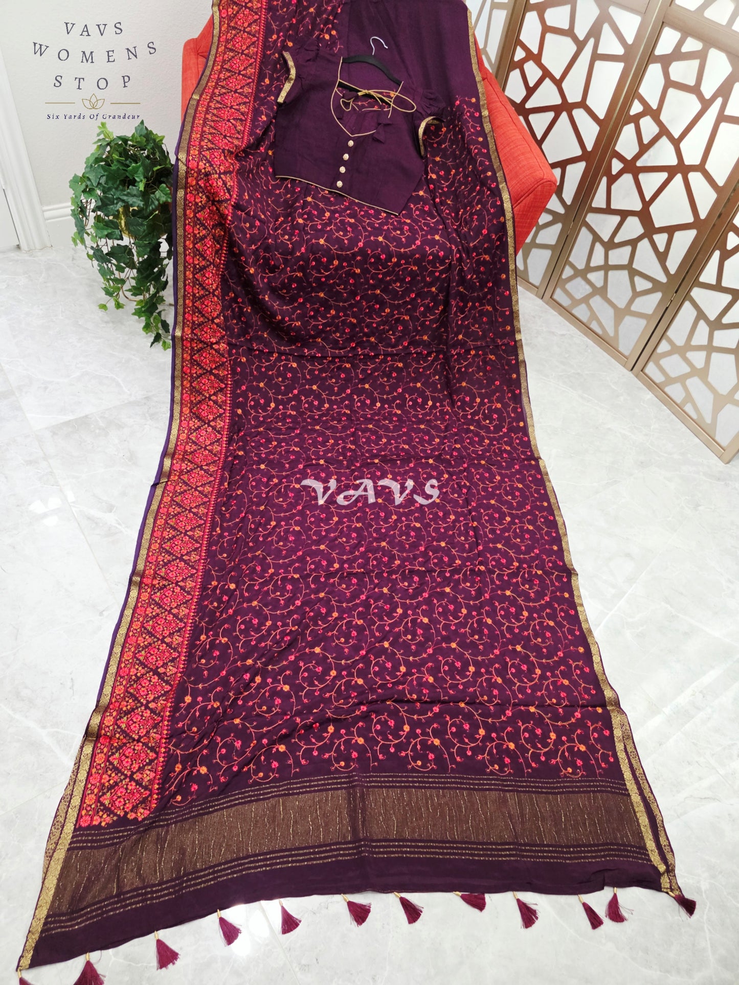 Royal Plum Chinon Crepe Embroidered Saree with Floral Vine Detailing & Mega Puff-Sleeve Stitched Blouse Size 34, Extendable to 40