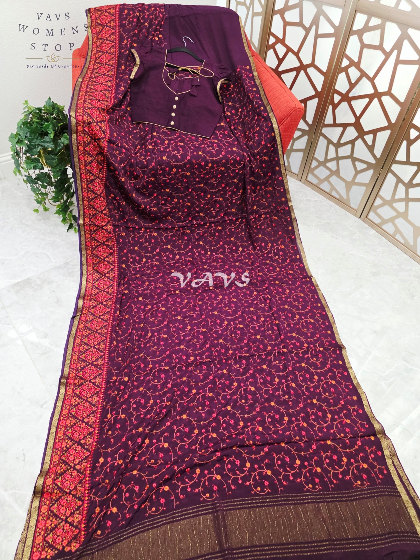Royal Plum Chinon Crepe Embroidered Saree with Floral Vine Detailing & Mega Puff-Sleeve Stitched Blouse Size 34, Extendable to 40