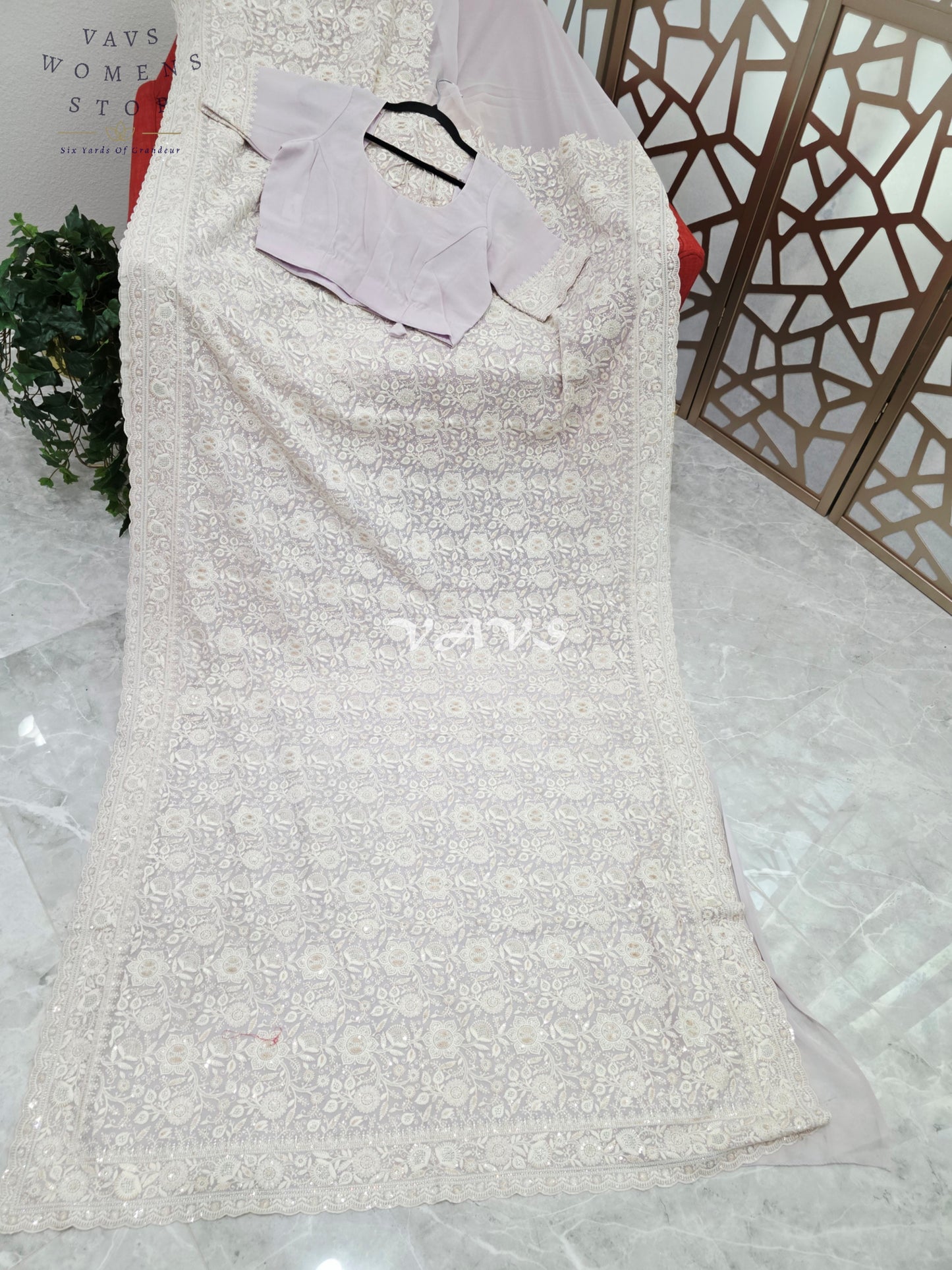 Pearl Lilac Viscose Georgette Chikankari Embroidered Sequin Saree with Ivory Detailing & Designer Stitched Blouse Size 38, Extendable to 44