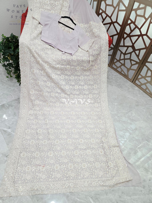Pearl Lilac Viscose Georgette Chikankari Embroidered Sequin Saree with Ivory Detailing & Designer Stitched Blouse Size 38, Extendable to 44