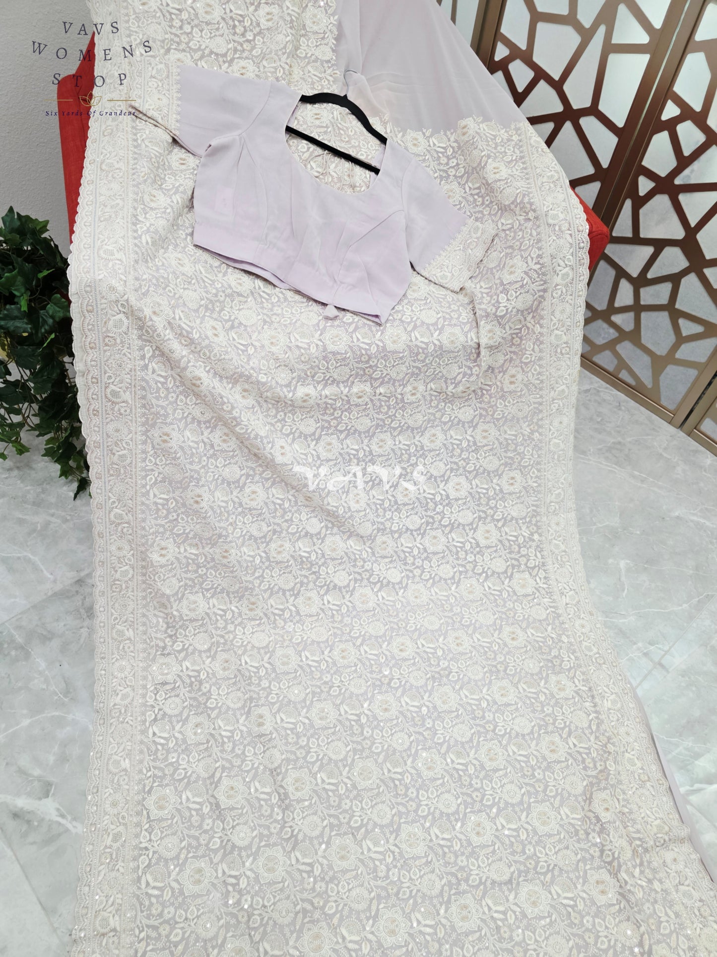 Pearl Lilac Viscose Georgette Chikankari Embroidered Sequin Saree with Ivory Detailing & Designer Stitched Blouse Size 38, Extendable to 44