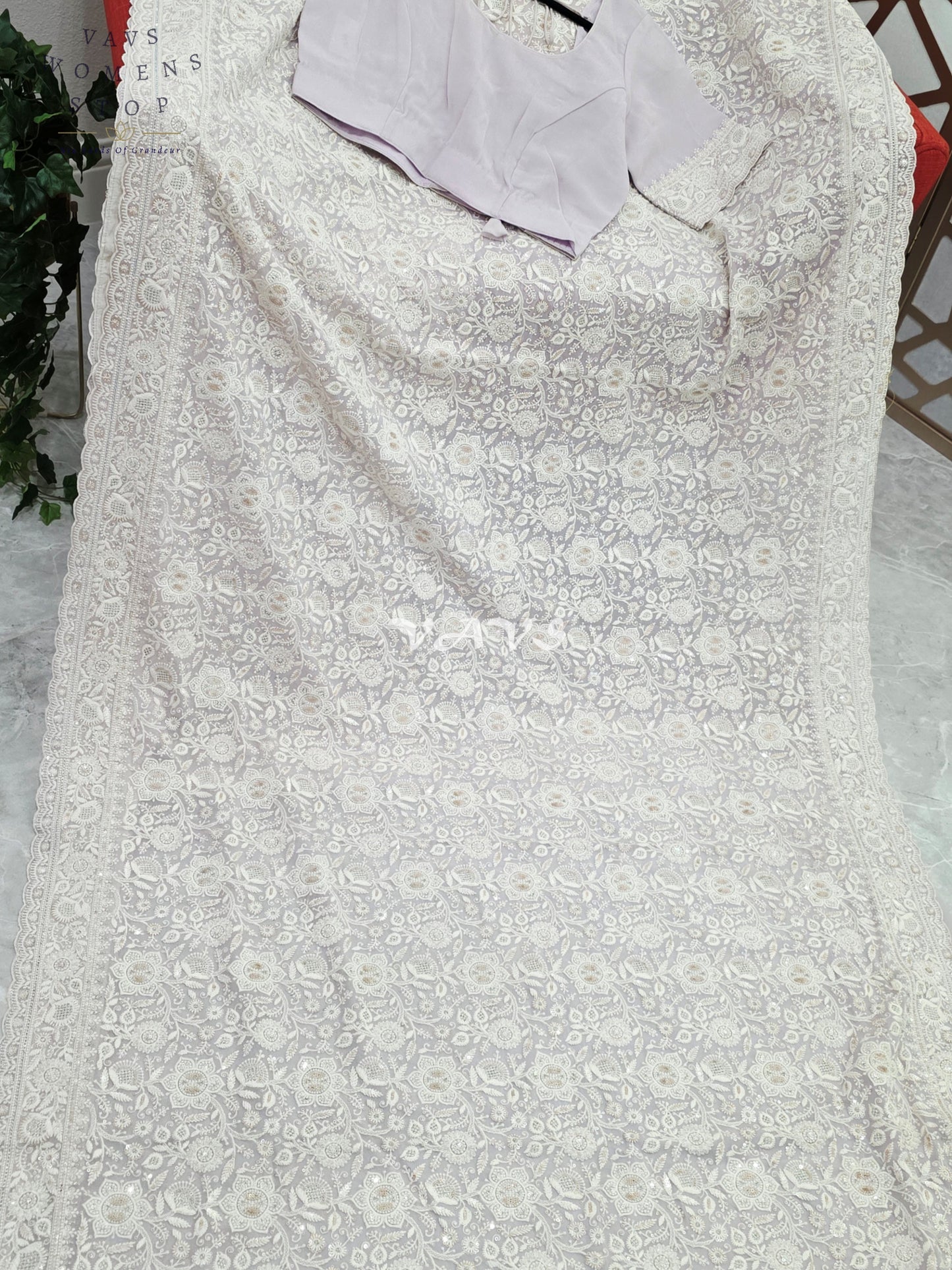 Pearl Lilac Viscose Georgette Chikankari Embroidered Sequin Saree with Ivory Detailing & Designer Stitched Blouse Size 38, Extendable to 44