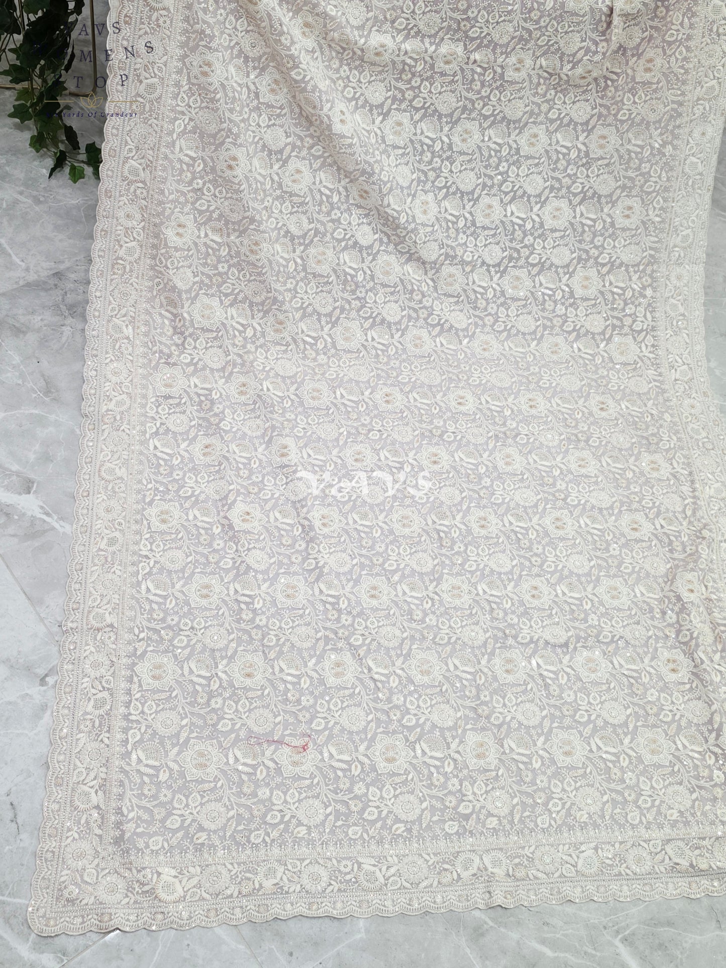 Pearl Lilac Viscose Georgette Chikankari Embroidered Sequin Saree with Ivory Detailing & Designer Stitched Blouse Size 38, Extendable to 44