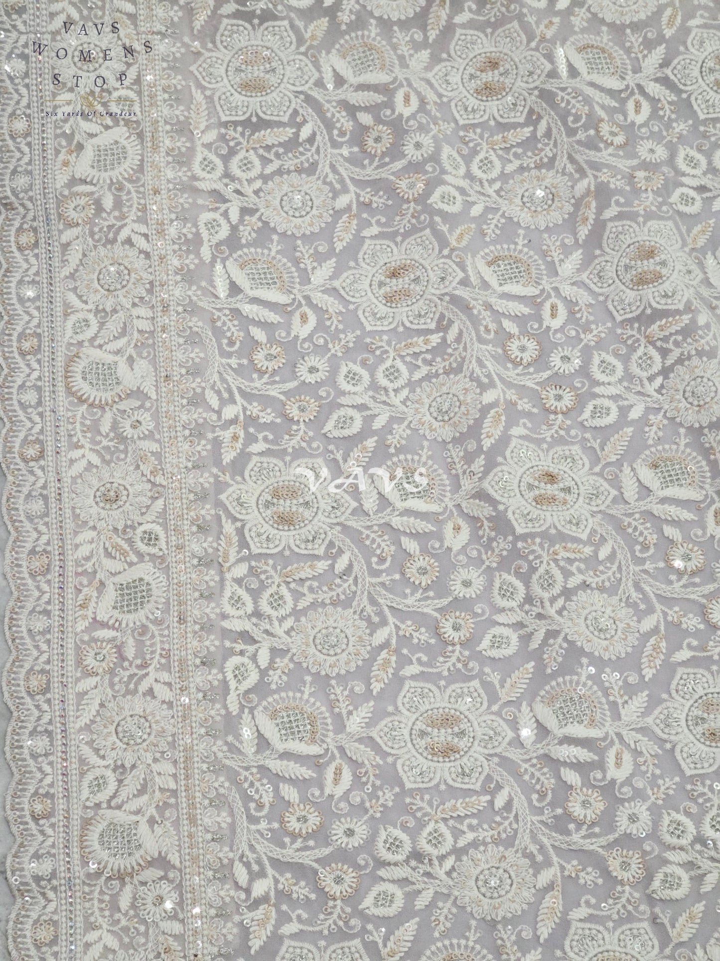 Pearl Lilac Viscose Georgette Chikankari Embroidered Sequin Saree with Ivory Detailing & Designer Stitched Blouse Size 38, Extendable to 44