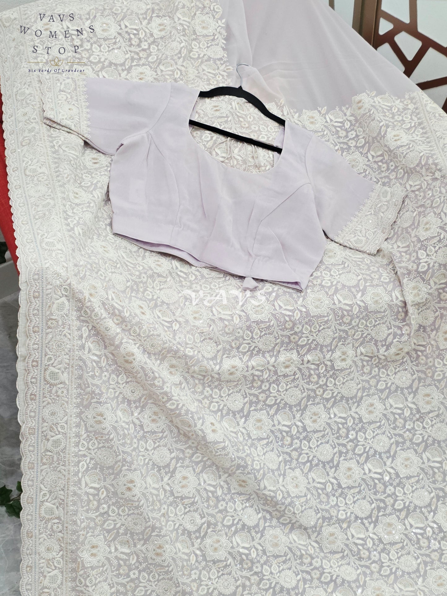 Pearl Lilac Viscose Georgette Chikankari Embroidered Sequin Saree with Ivory Detailing & Designer Stitched Blouse Size 38, Extendable to 44