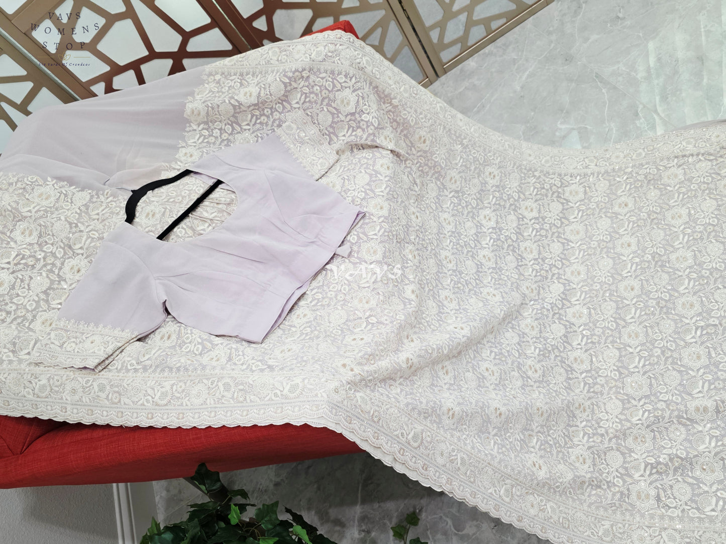 Pearl Lilac Viscose Georgette Chikankari Embroidered Sequin Saree with Ivory Detailing & Designer Stitched Blouse Size 38, Extendable to 44