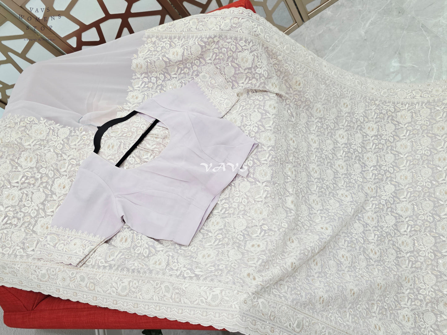 Pearl Lilac Viscose Georgette Chikankari Embroidered Sequin Saree with Ivory Detailing & Designer Stitched Blouse Size 38, Extendable to 44