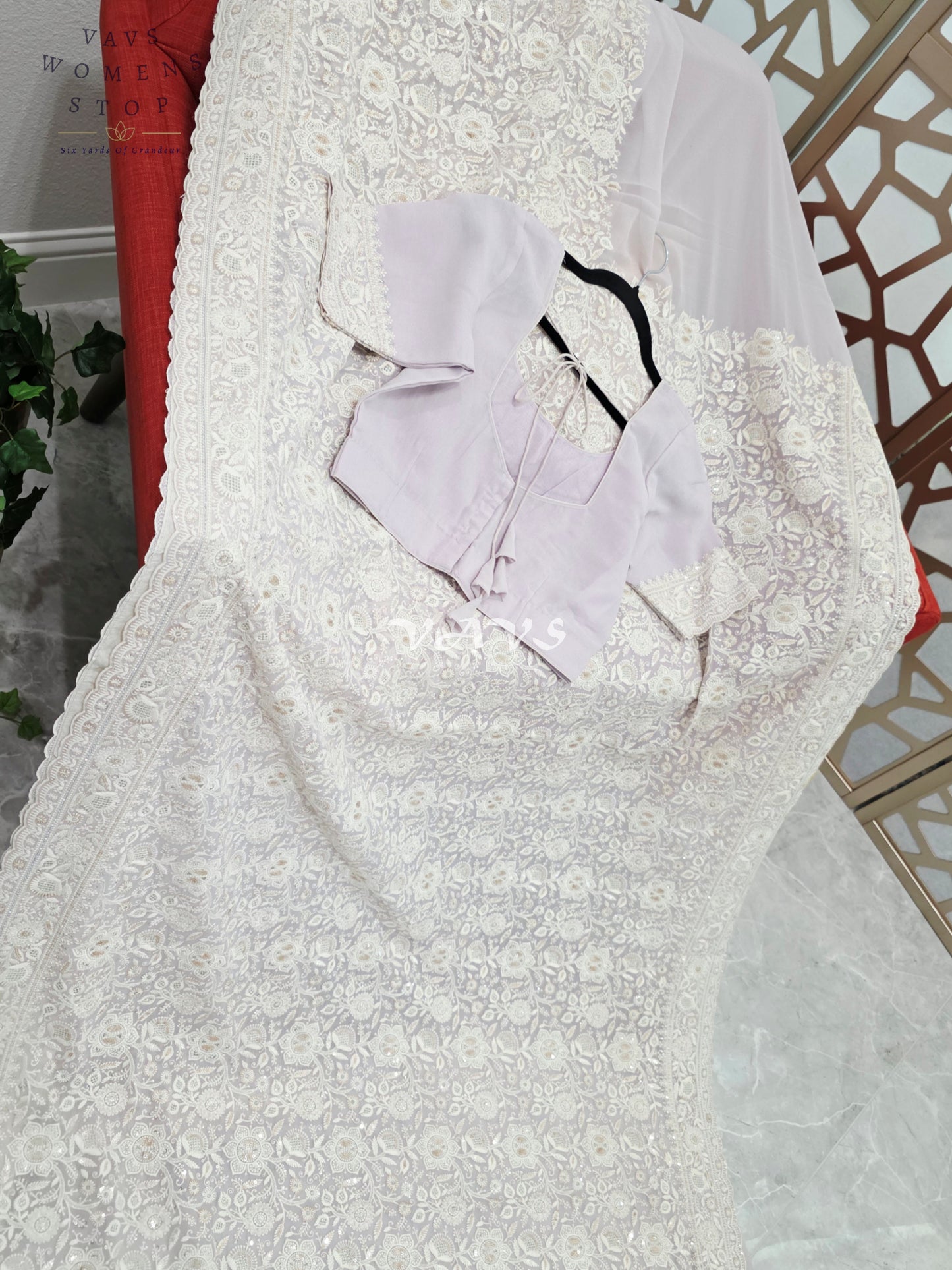 Pearl Lilac Viscose Georgette Chikankari Embroidered Sequin Saree with Ivory Detailing & Designer Stitched Blouse Size 38, Extendable to 44