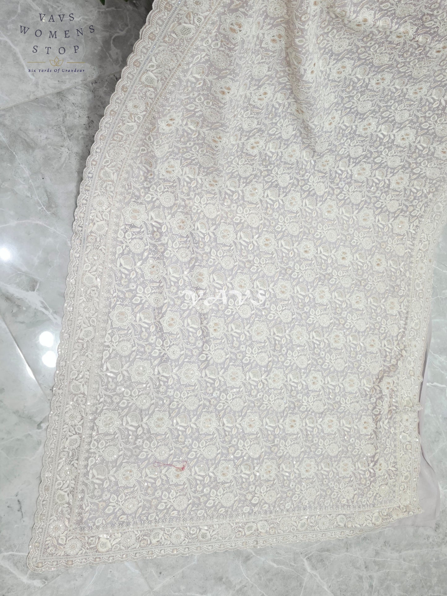 Pearl Lilac Viscose Georgette Chikankari Embroidered Sequin Saree with Ivory Detailing & Designer Stitched Blouse Size 38, Extendable to 44
