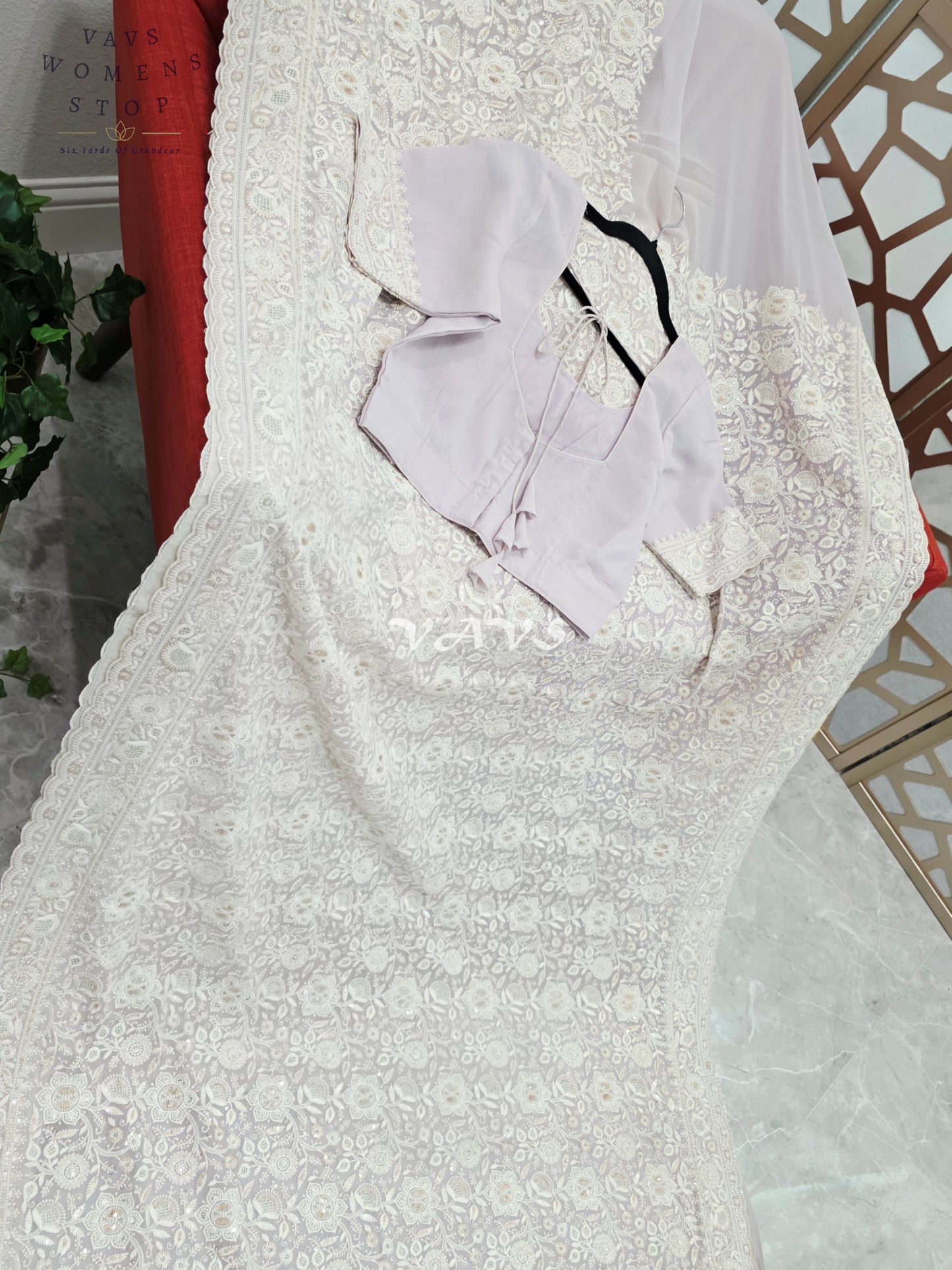 Pearl Lilac Viscose Georgette Chikankari Embroidered Sequin Saree with Ivory Detailing & Designer Stitched Blouse Size 38, Extendable to 44