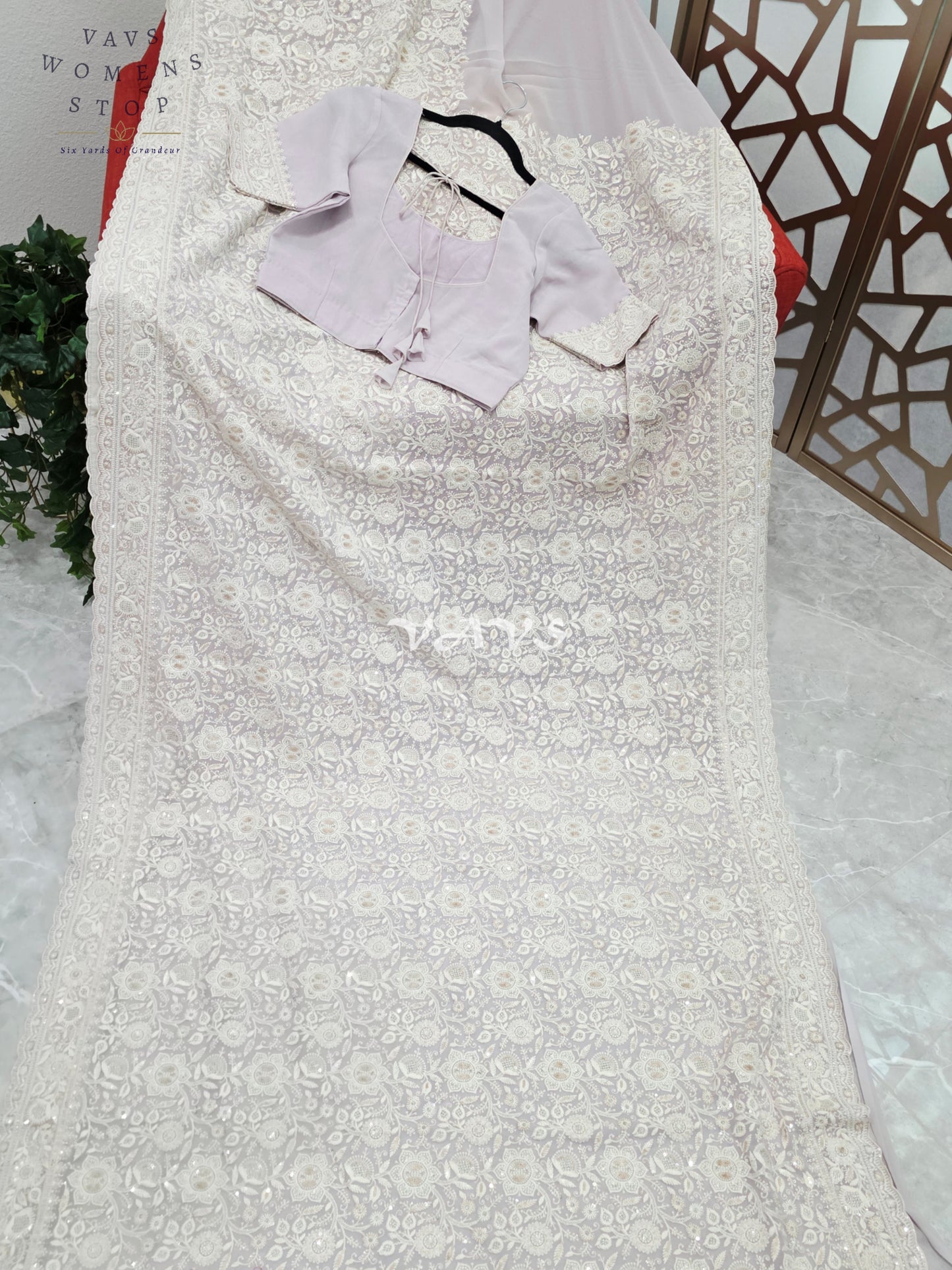 Pearl Lilac Viscose Georgette Chikankari Embroidered Sequin Saree with Ivory Detailing & Designer Stitched Blouse Size 38, Extendable to 44
