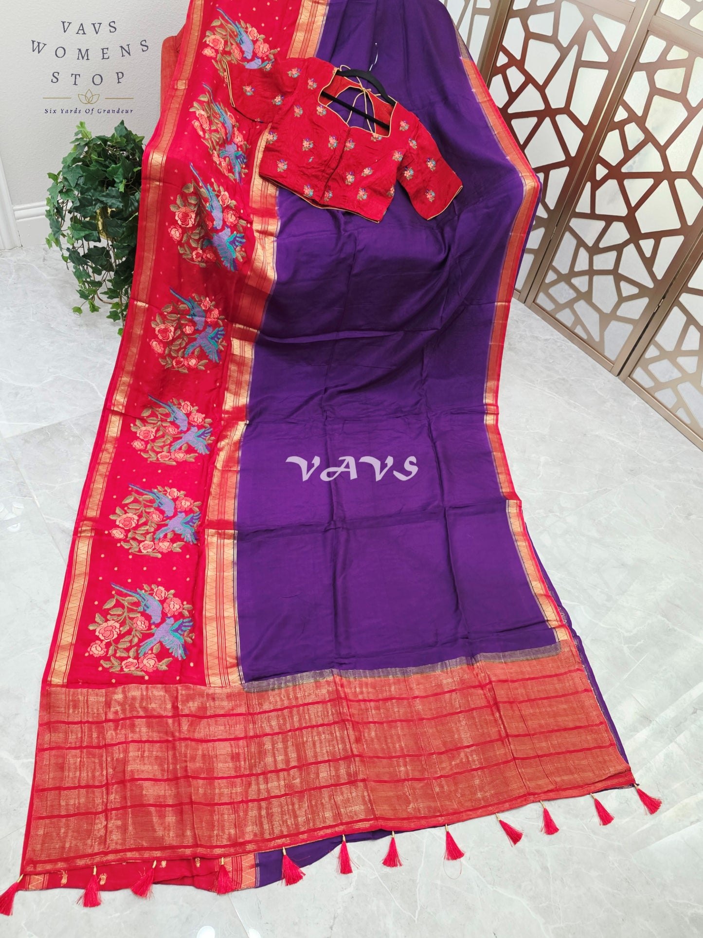 Royal Amethyst Semi Mysore Crepe Silk Saree with Ruby Red Parrot Embroidery Border & Blouse Size 34-40