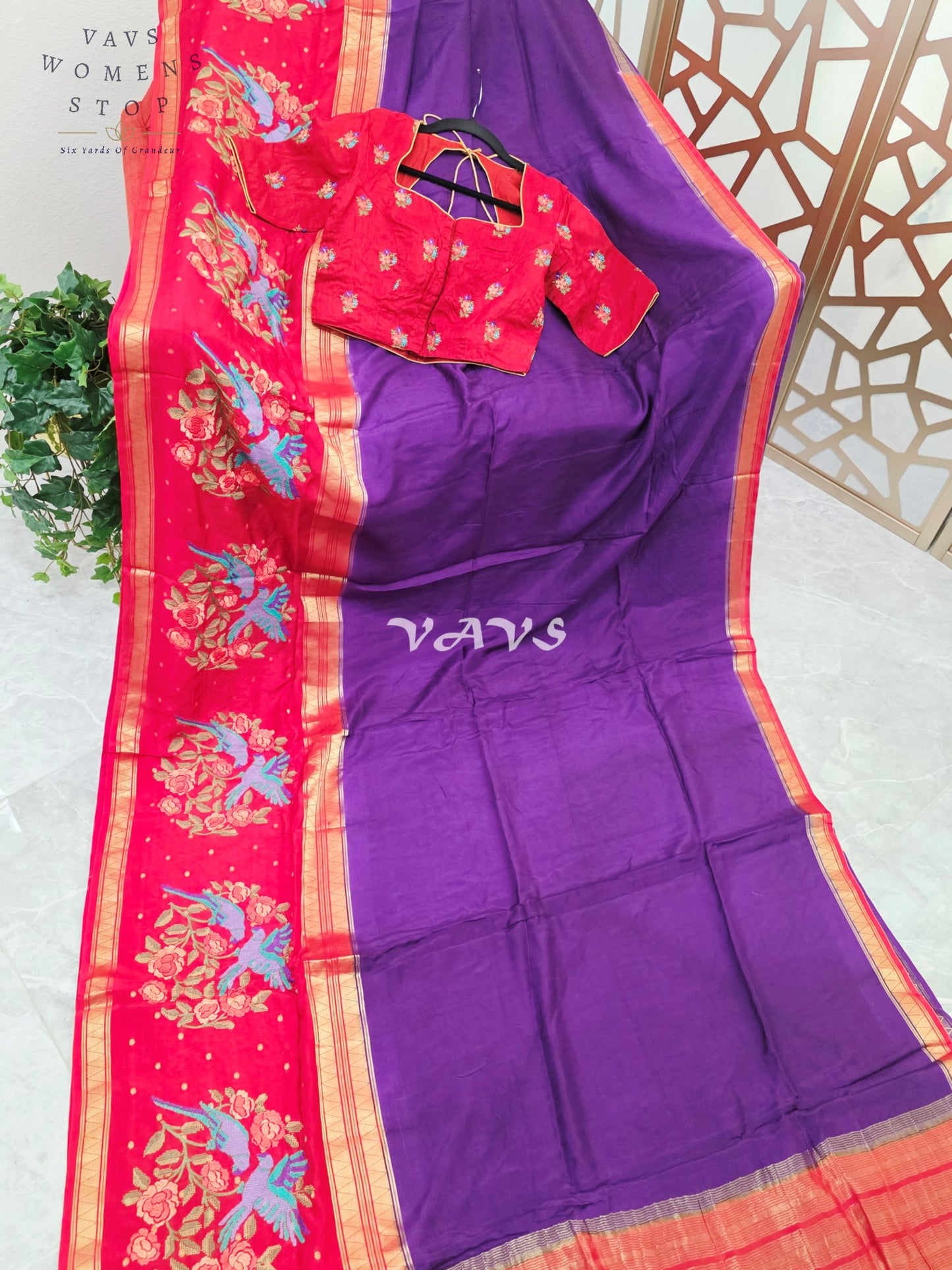 Royal Amethyst Semi Mysore Crepe Silk Saree with Ruby Red Parrot Embroidery Border & Blouse Size 34-40