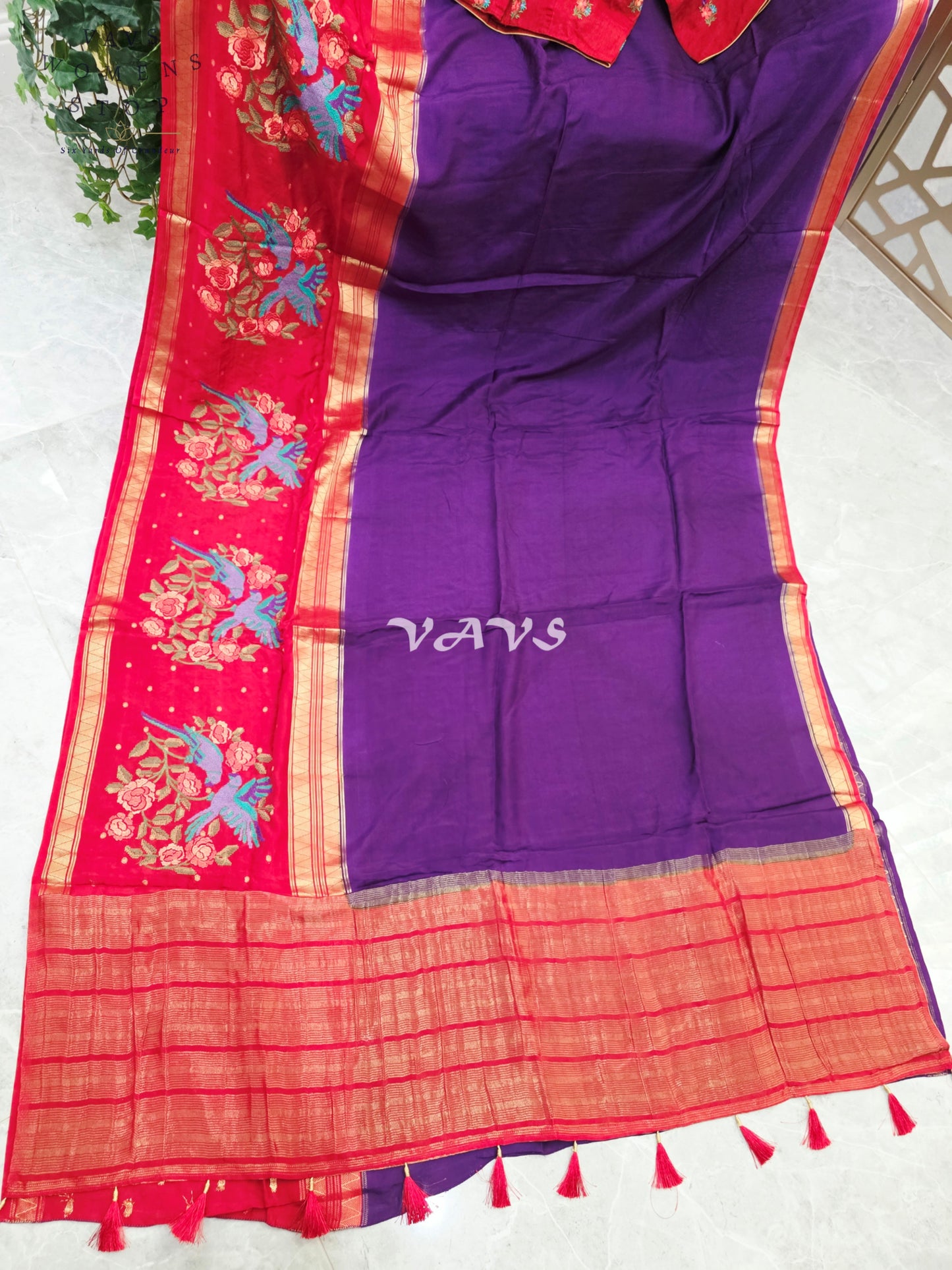Royal Amethyst Semi Mysore Crepe Silk Saree with Ruby Red Parrot Embroidery Border & Blouse Size 34-40