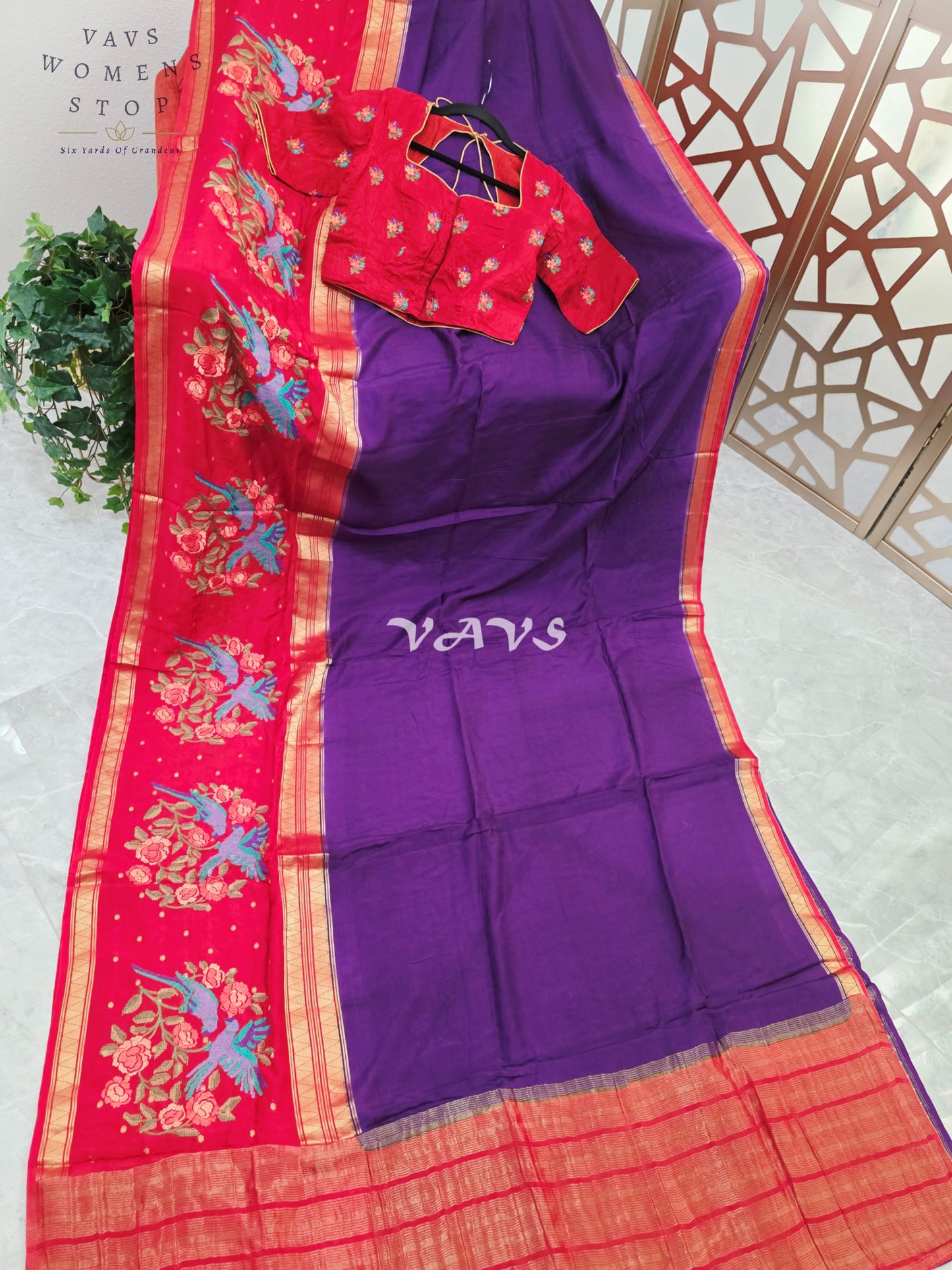 Royal Amethyst Semi Mysore Crepe Silk Saree with Ruby Red Parrot Embroidery Border & Blouse Size 34-40