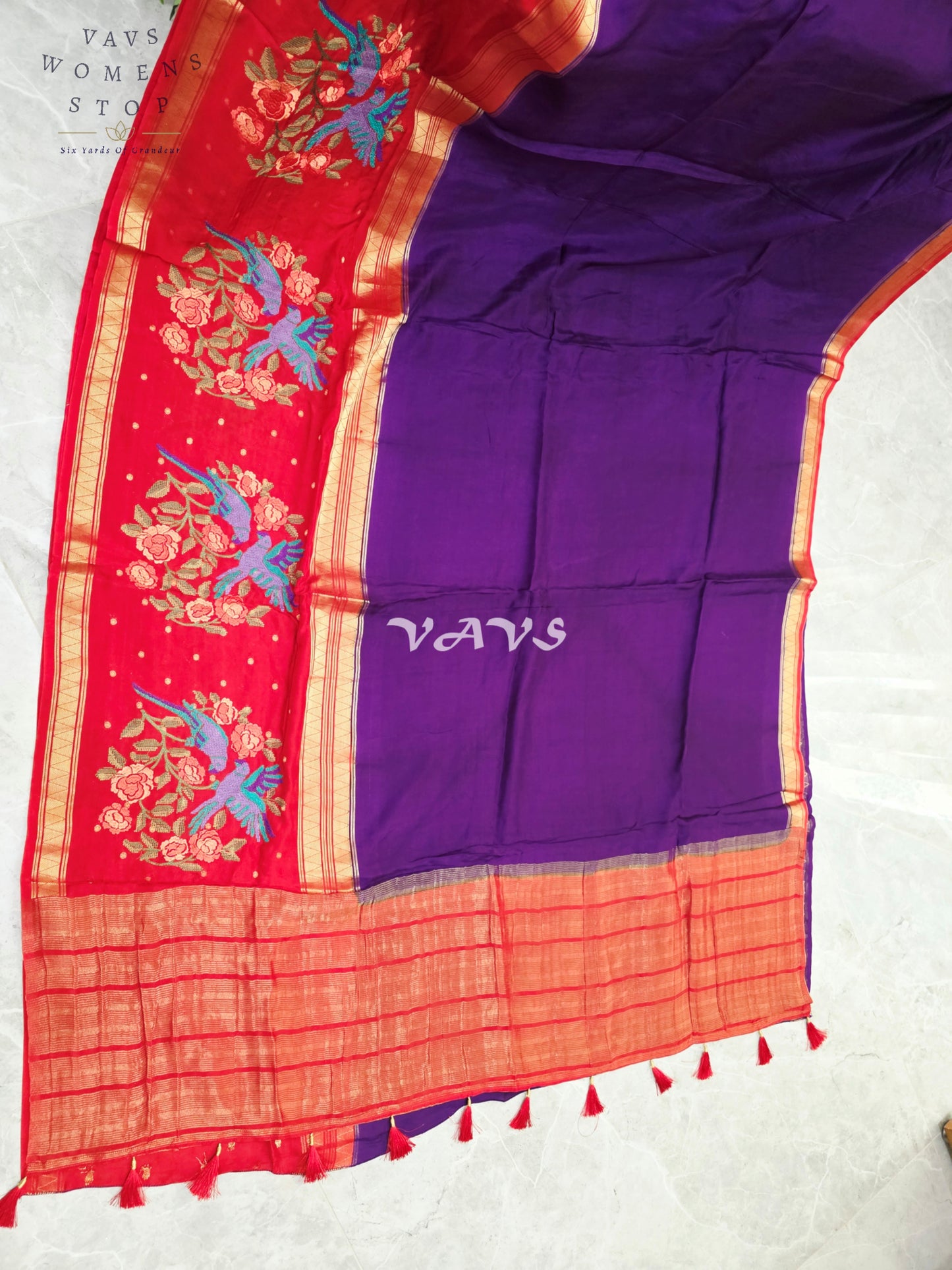 Royal Amethyst Semi Mysore Crepe Silk Saree with Ruby Red Parrot Embroidery Border & Blouse Size 34-40