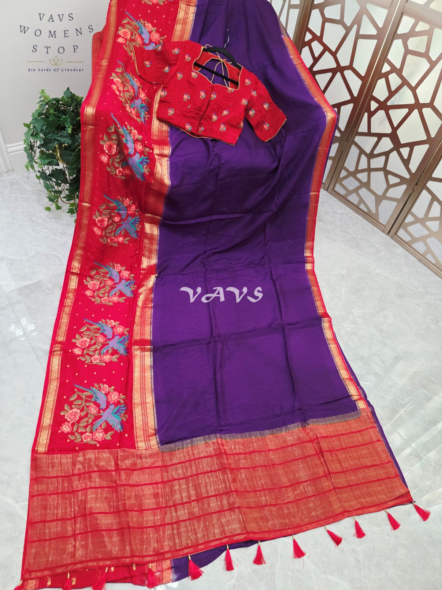 Royal Amethyst Semi Mysore Crepe Silk Saree with Ruby Red Parrot Embroidery Border & Blouse Size 34-40