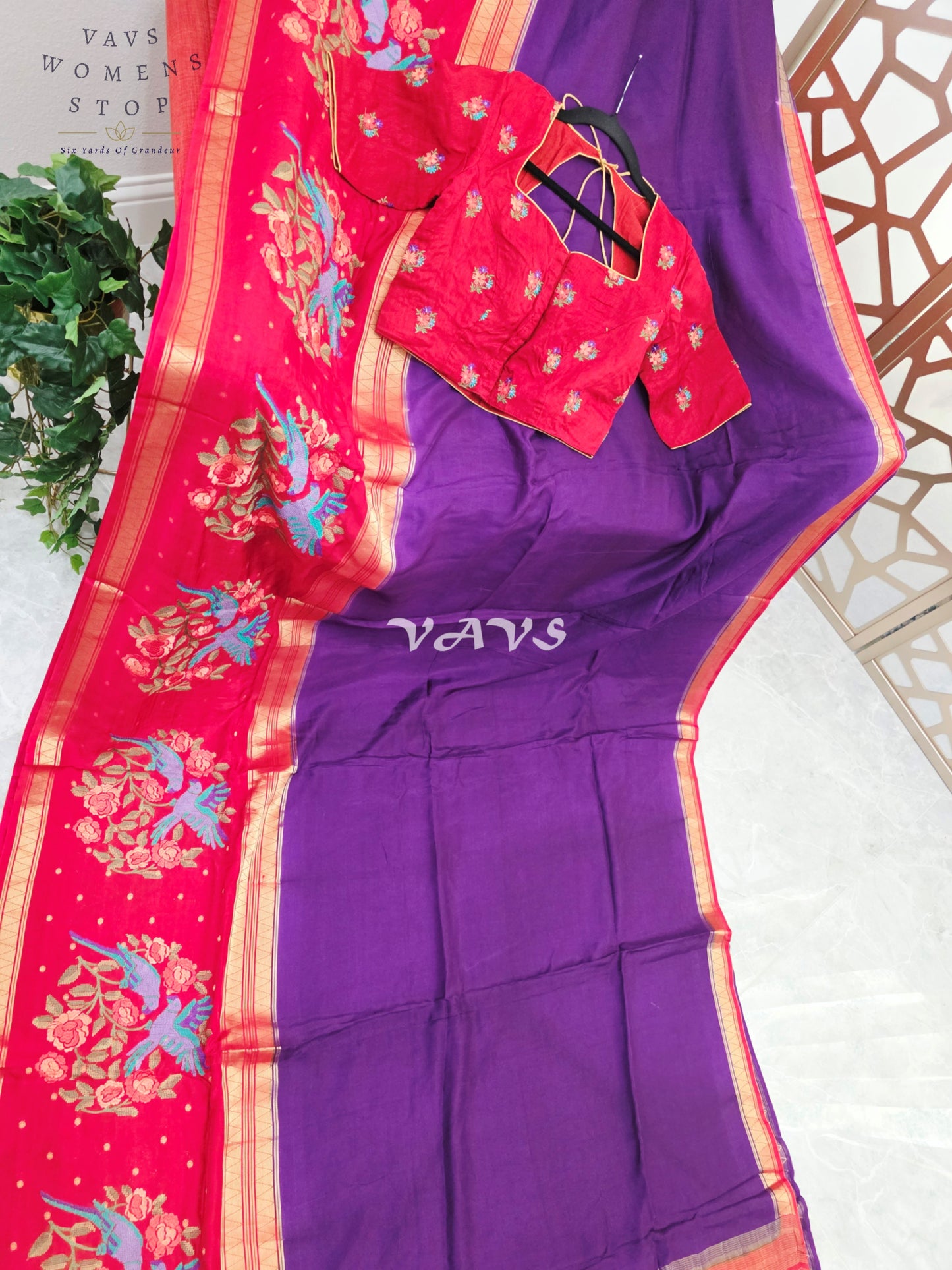 Royal Amethyst Semi Mysore Crepe Silk Saree with Ruby Red Parrot Embroidery Border & Blouse Size 34-40