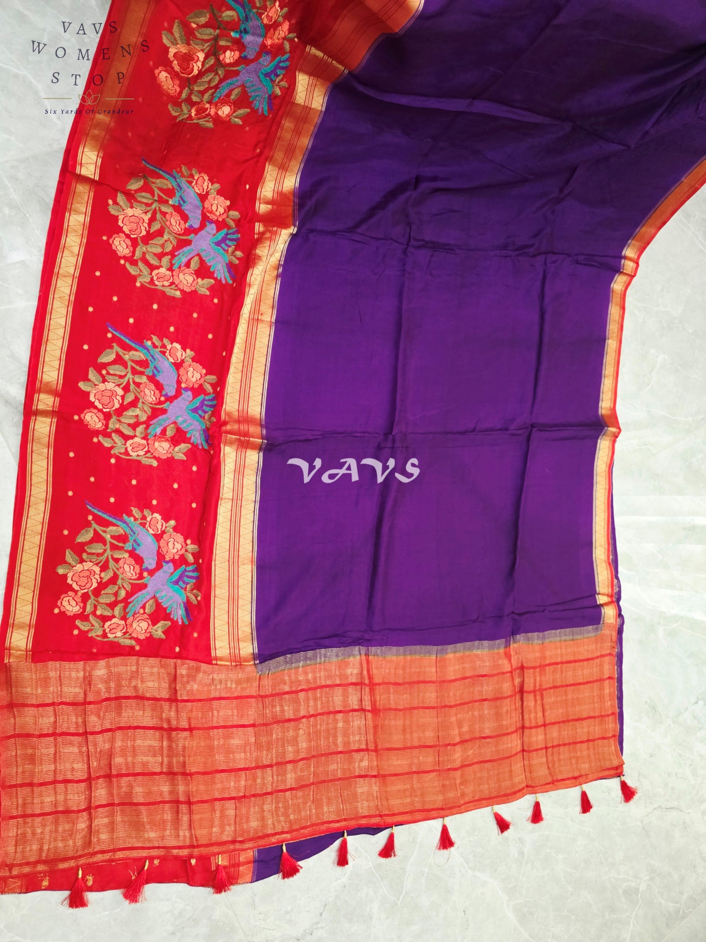 Royal Amethyst Semi Mysore Crepe Silk Saree with Ruby Red Parrot Embroidery Border & Blouse Size 34-40