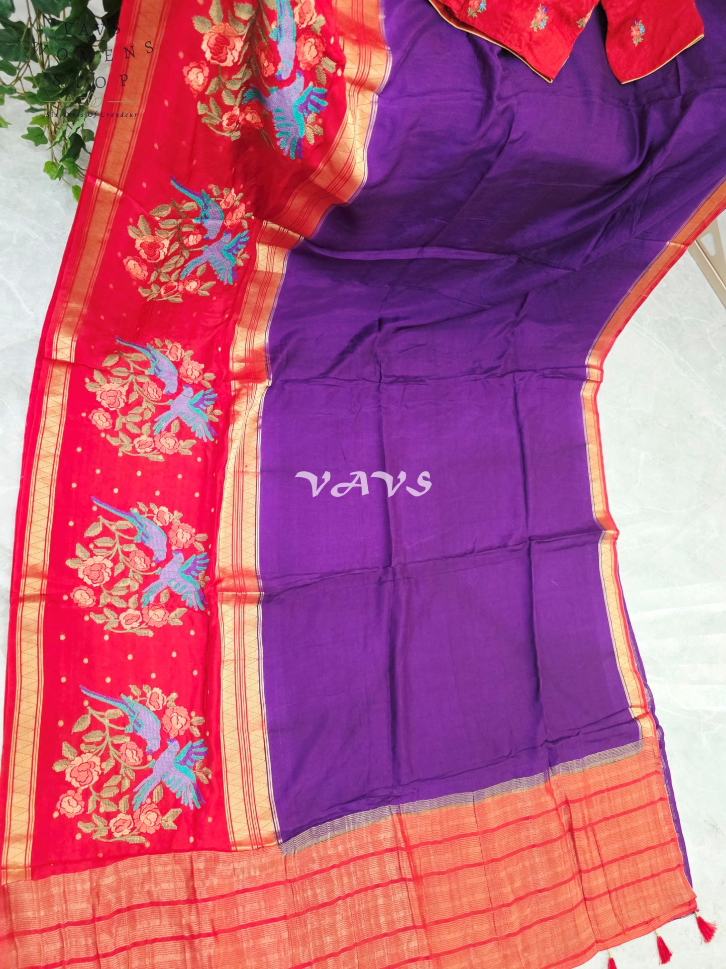 Royal Amethyst Semi Mysore Crepe Silk Saree with Ruby Red Parrot Embroidery Border & Blouse Size 34-40