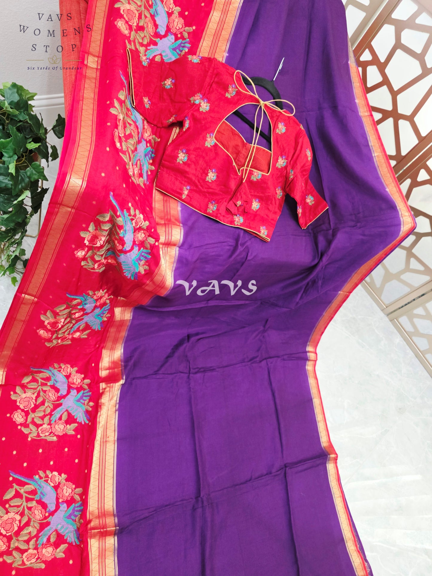Royal Amethyst Semi Mysore Crepe Silk Saree with Ruby Red Parrot Embroidery Border & Blouse Size 34-40