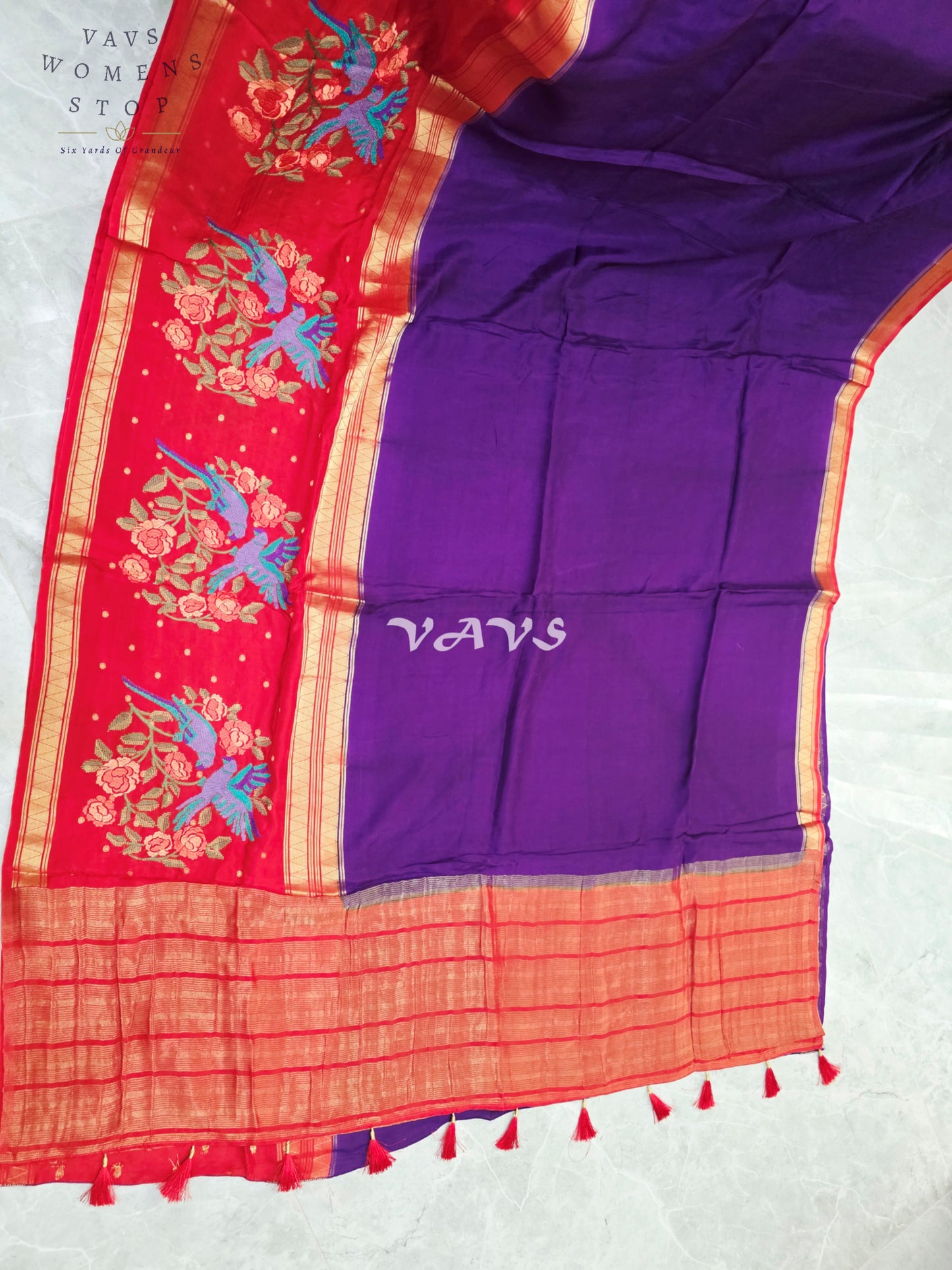 Royal Amethyst Semi Mysore Crepe Silk Saree with Ruby Red Parrot Embroidery Border & Blouse Size 34-40
