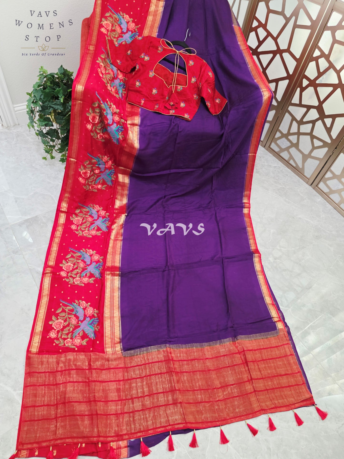 Royal Amethyst Semi Mysore Crepe Silk Saree with Ruby Red Parrot Embroidery Border & Blouse Size 34-40