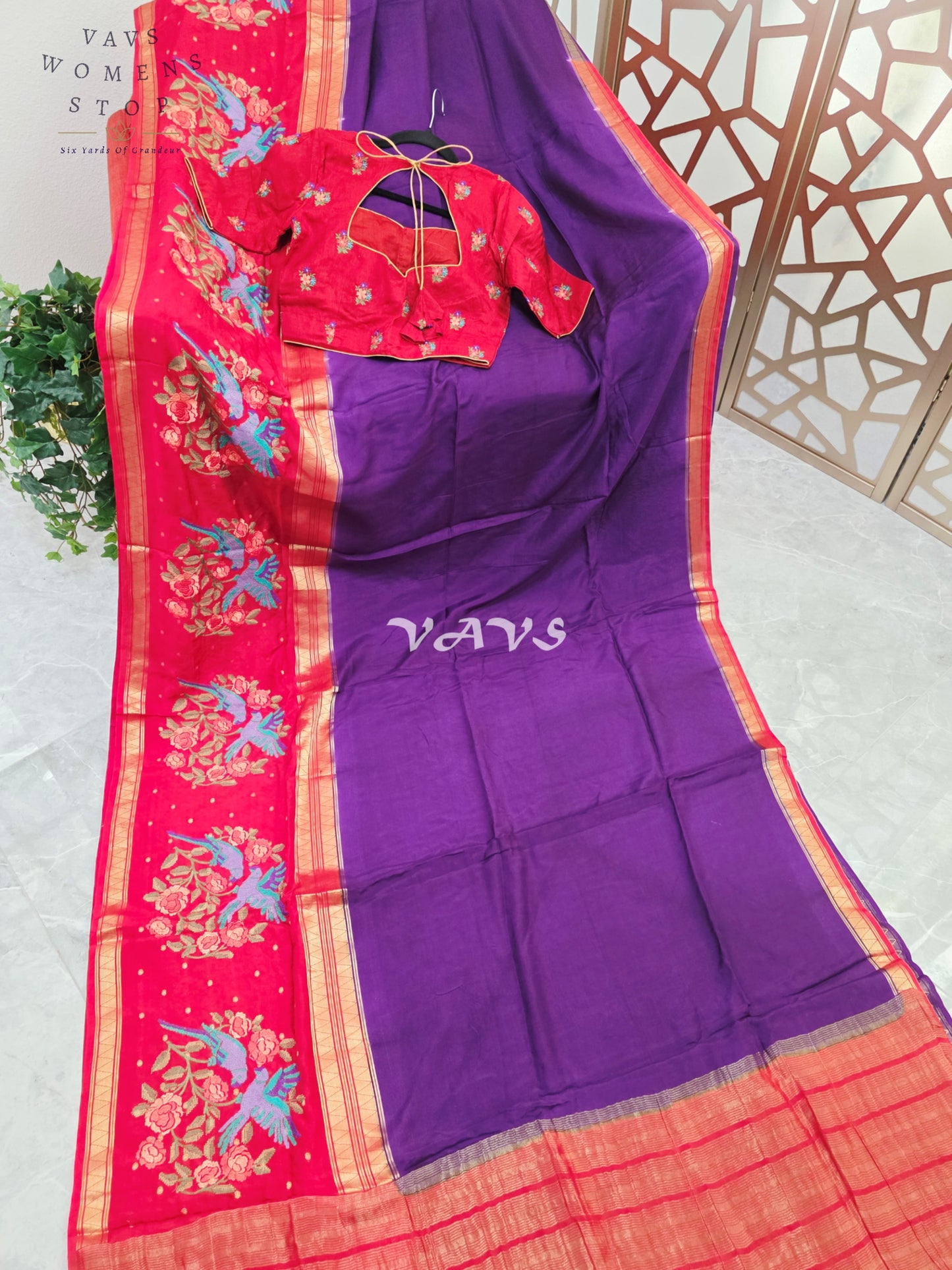 Royal Amethyst Semi Mysore Crepe Silk Saree with Ruby Red Parrot Embroidery Border & Blouse Size 34-40