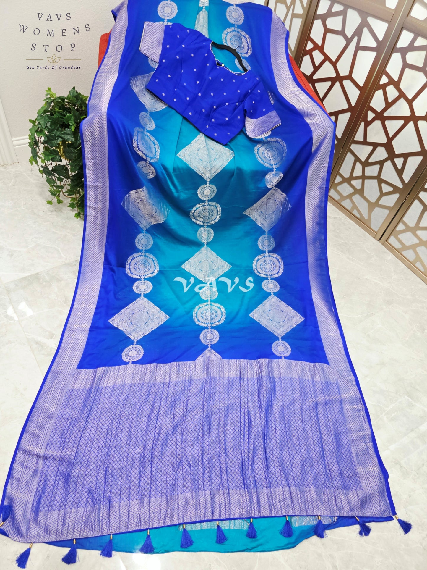 Royal Sapphire & Peacock Turquoise Shaded Chiffon Saree with Silver Motifs & Stitched Blouse Size 38-44