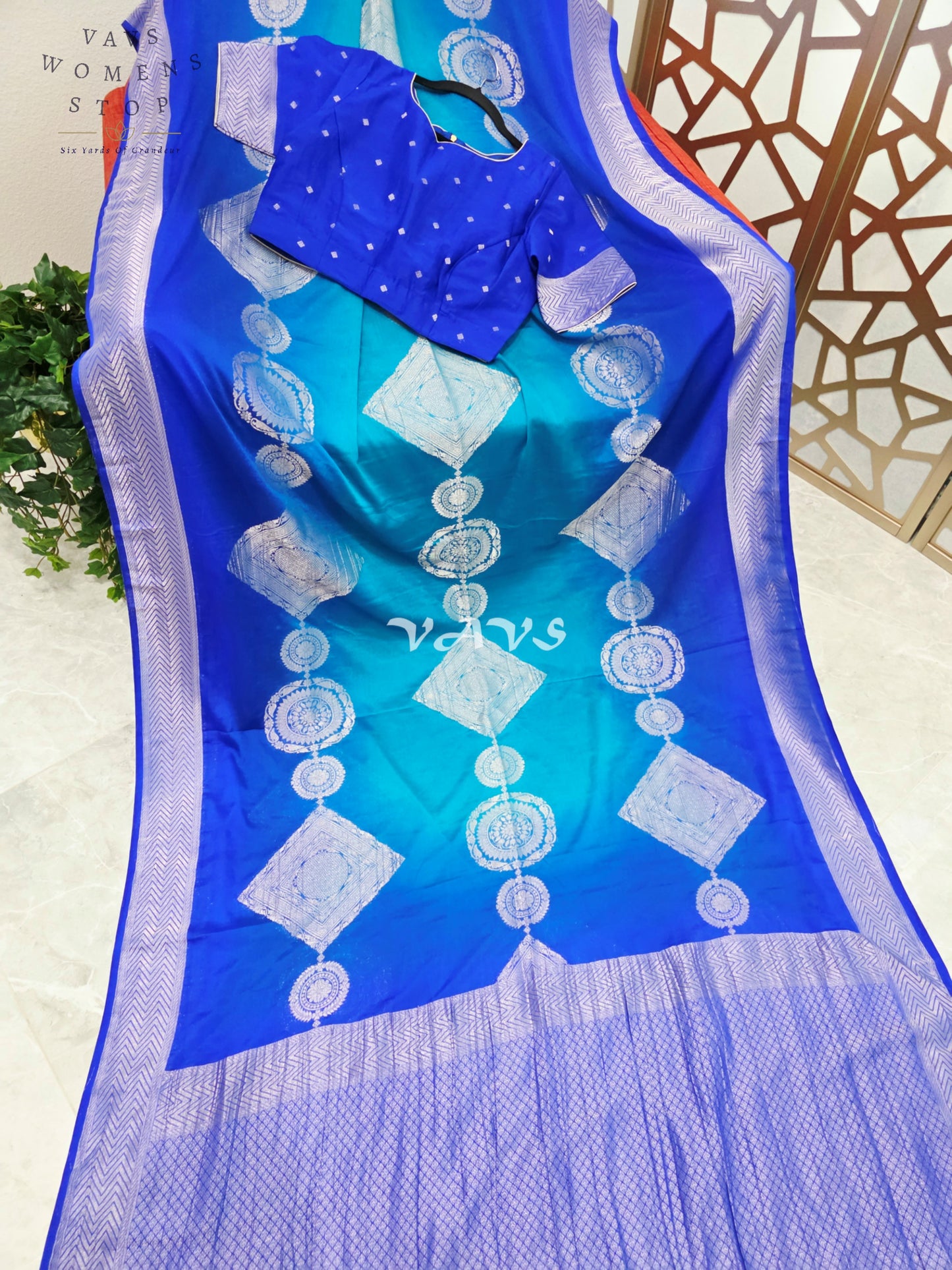 Royal Sapphire & Peacock Turquoise Shaded Chiffon Saree with Silver Motifs & Stitched Blouse Size 38-44
