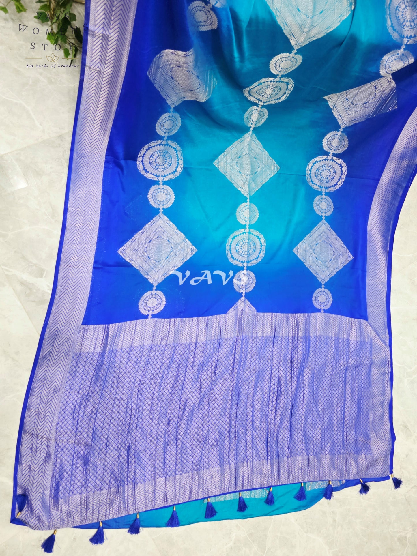 Royal Sapphire & Peacock Turquoise Shaded Chiffon Saree with Silver Motifs & Stitched Blouse Size 38-44