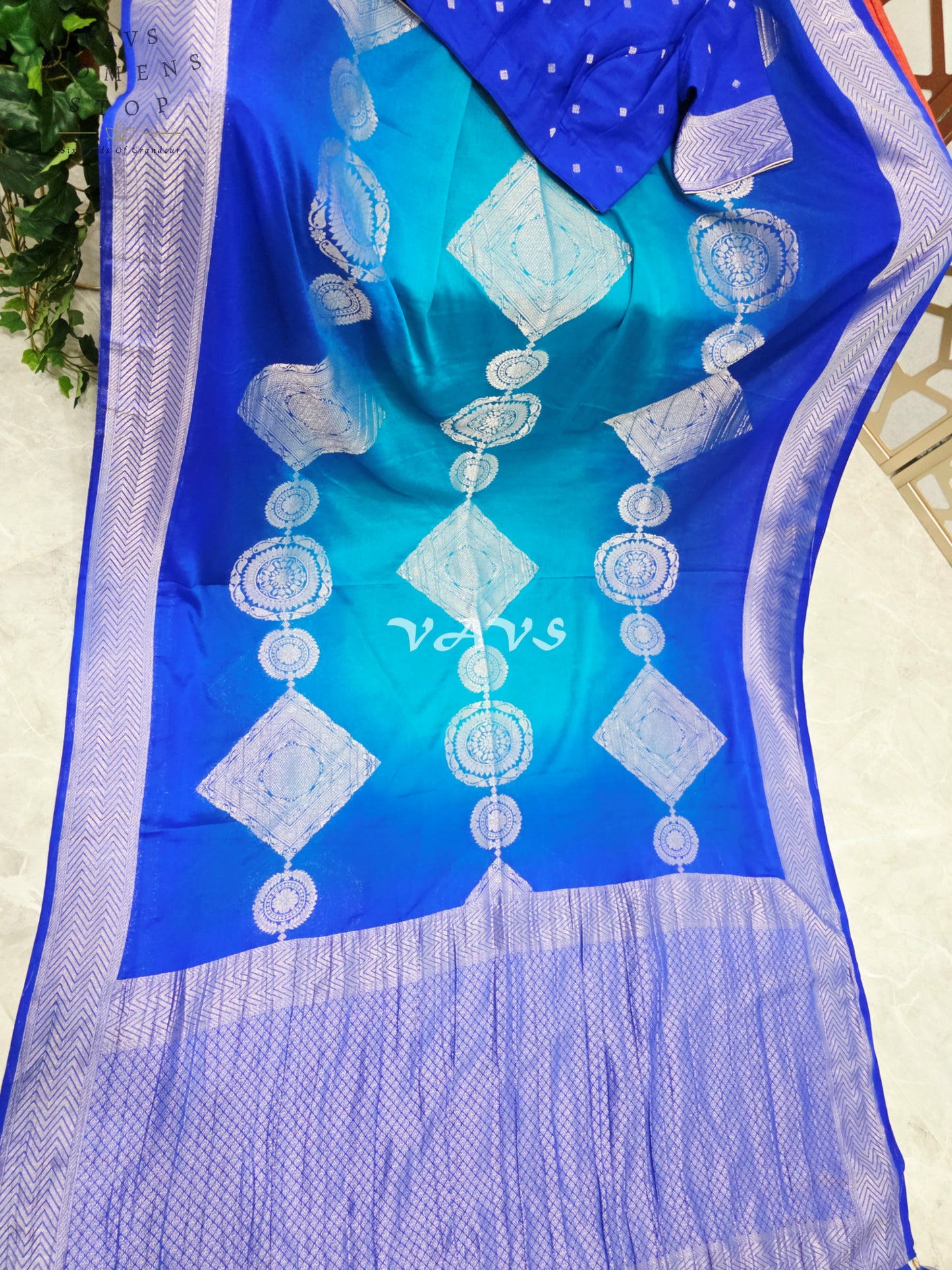 Royal Sapphire & Peacock Turquoise Shaded Chiffon Saree with Silver Motifs & Stitched Blouse Size 38-44